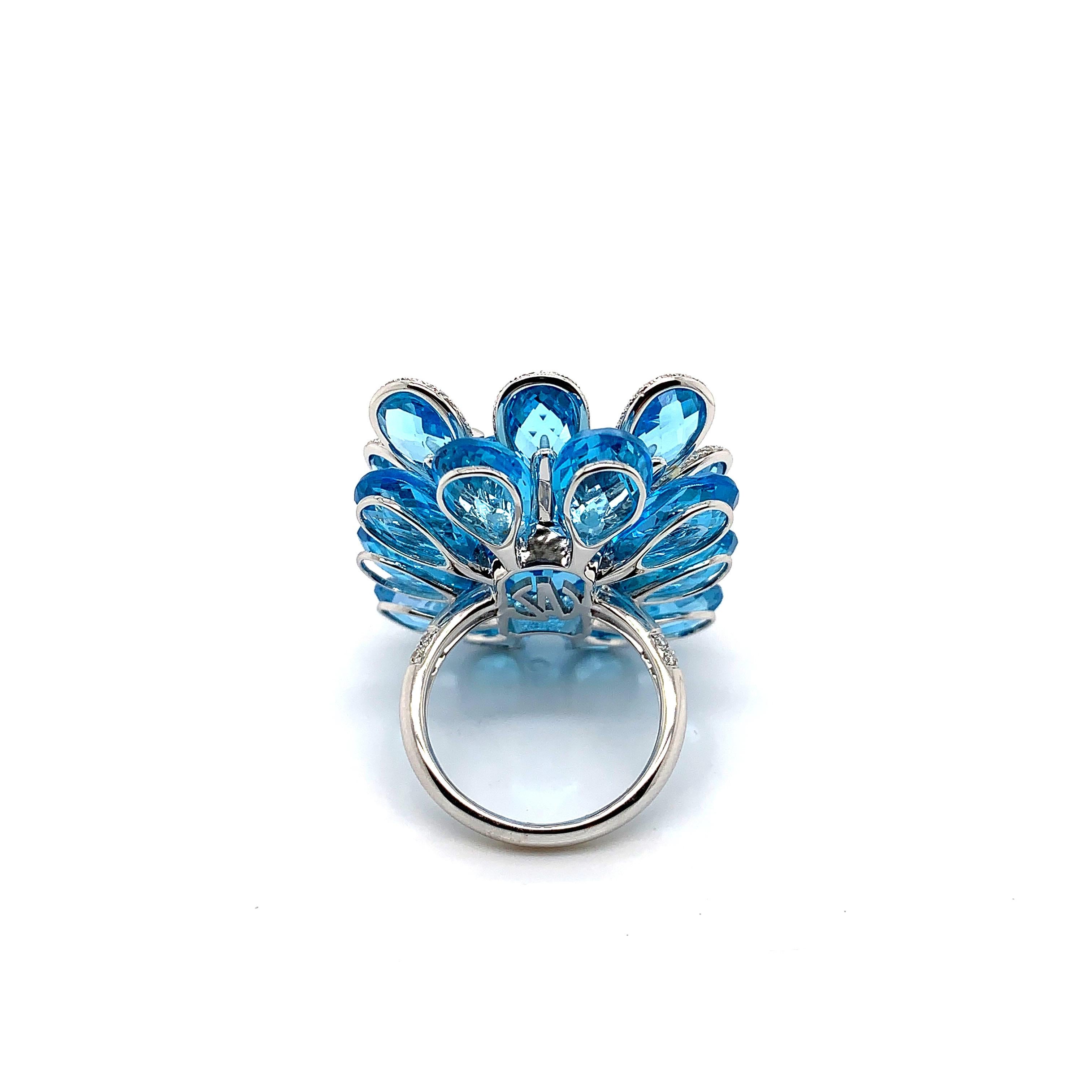 21.5 Carat Blue Topaz and Diamond Floral Ring in 18 Karat White Gold For Sale 3