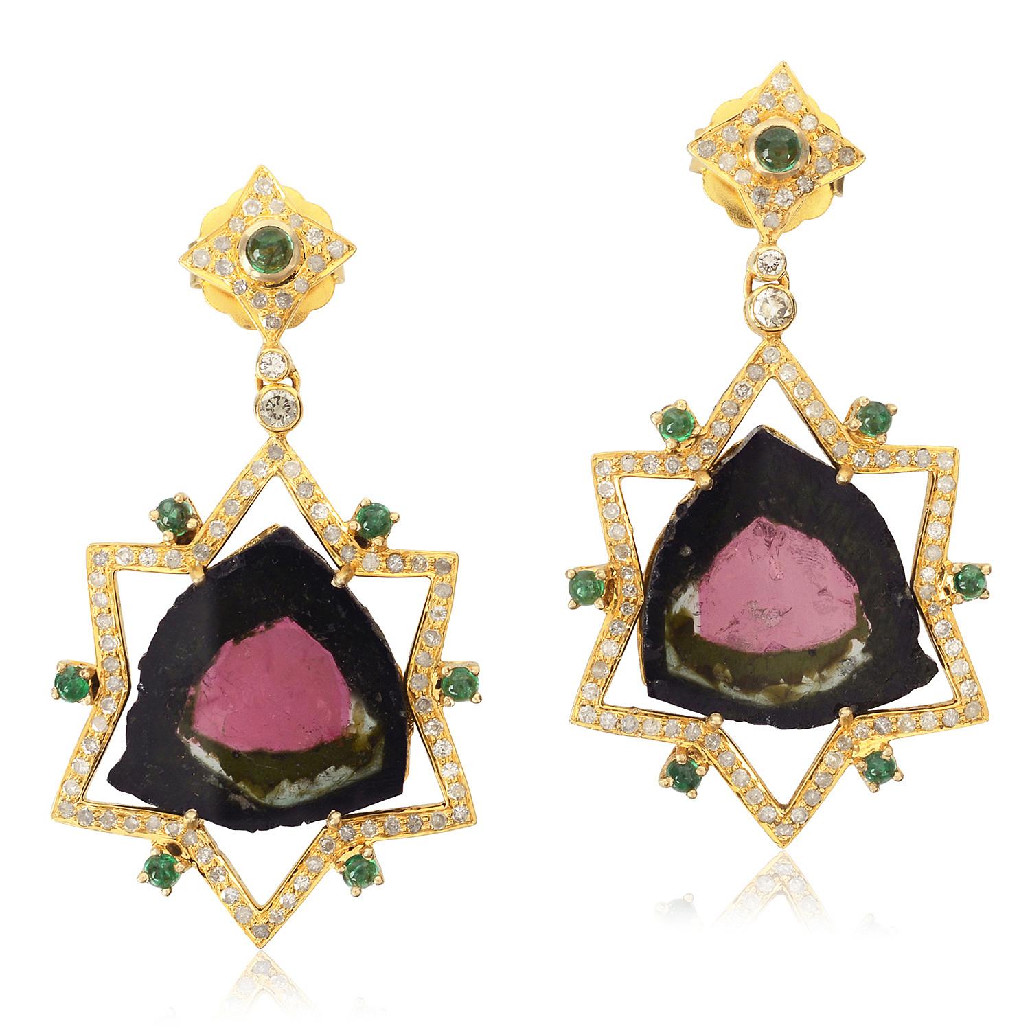 Contemporary 21.51 Carat Tourmaline Emerald Diamond 18 Karat Gold Earrings For Sale