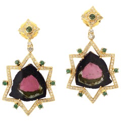 Boucles d'oreilles en or 18 carats avec tourmaline, émeraude et diamant de 21,51 carats