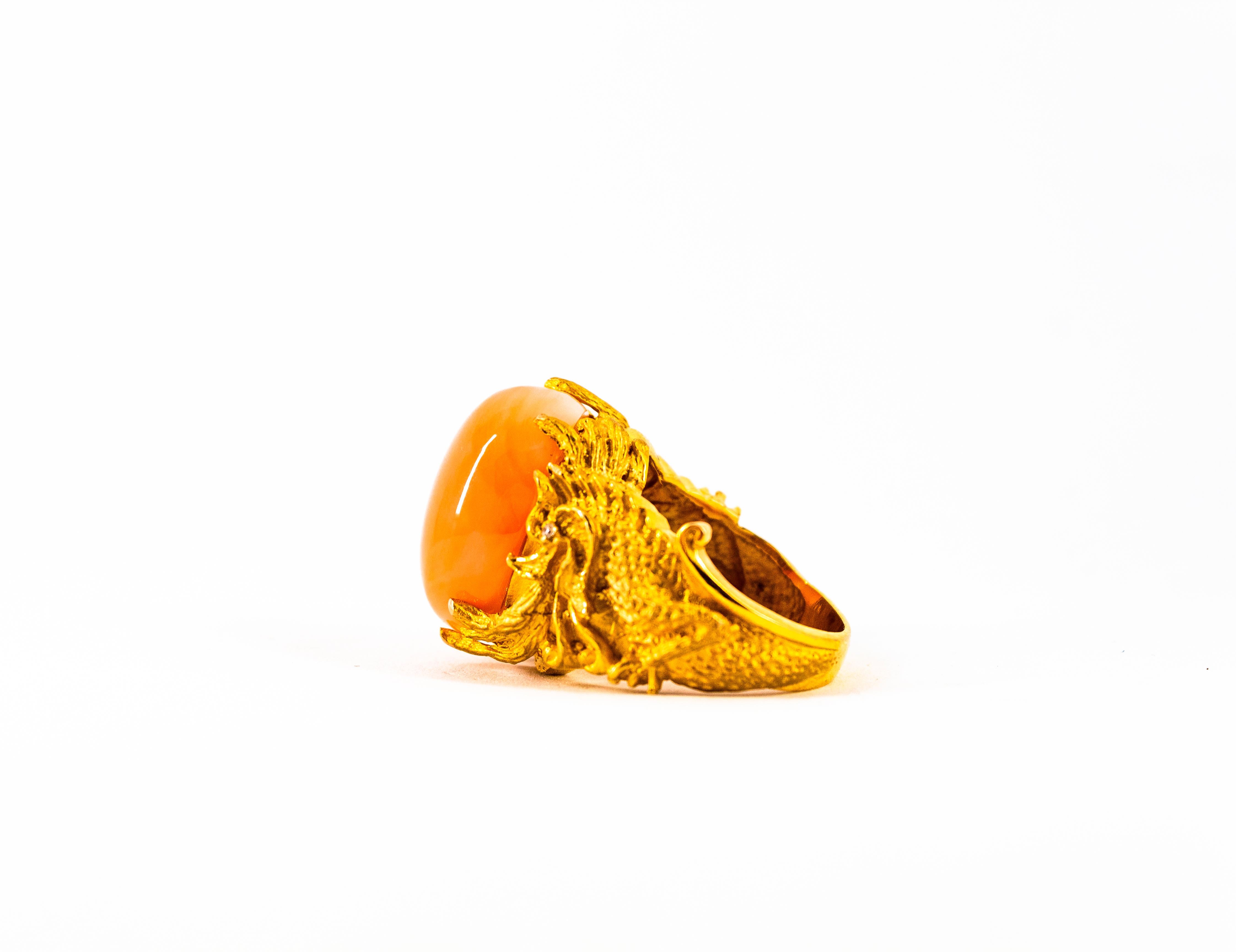 21.52 Carat Cabochon Pink Coral White Diamond Yellow Gold Dragons Cocktail Ring For Sale 5