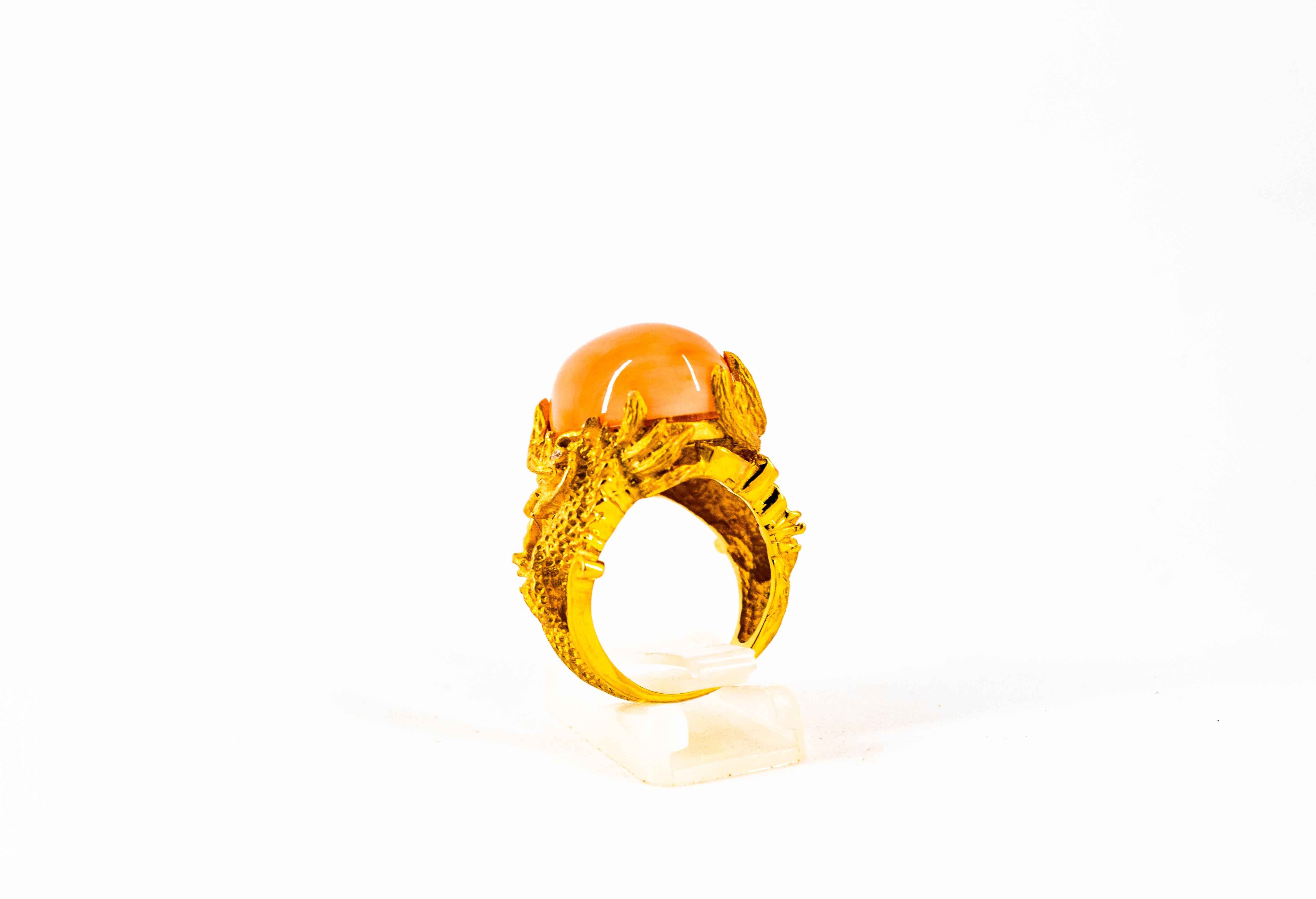 Women's or Men's 21.52 Carat Cabochon Pink Coral White Diamond Yellow Gold Dragons Cocktail Ring