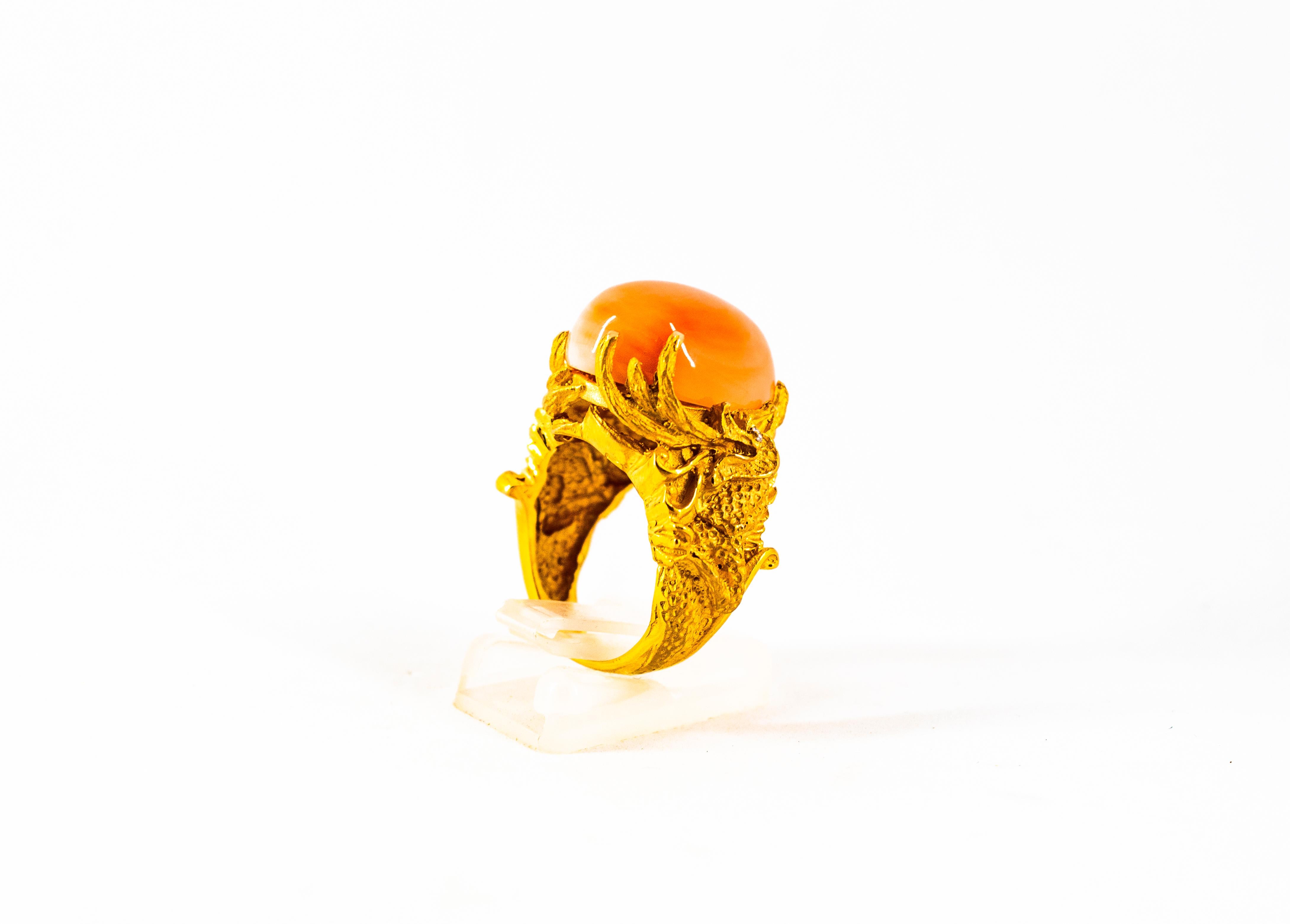 21.52 Carat Cabochon Pink Coral White Diamond Yellow Gold Dragons Cocktail Ring For Sale 1