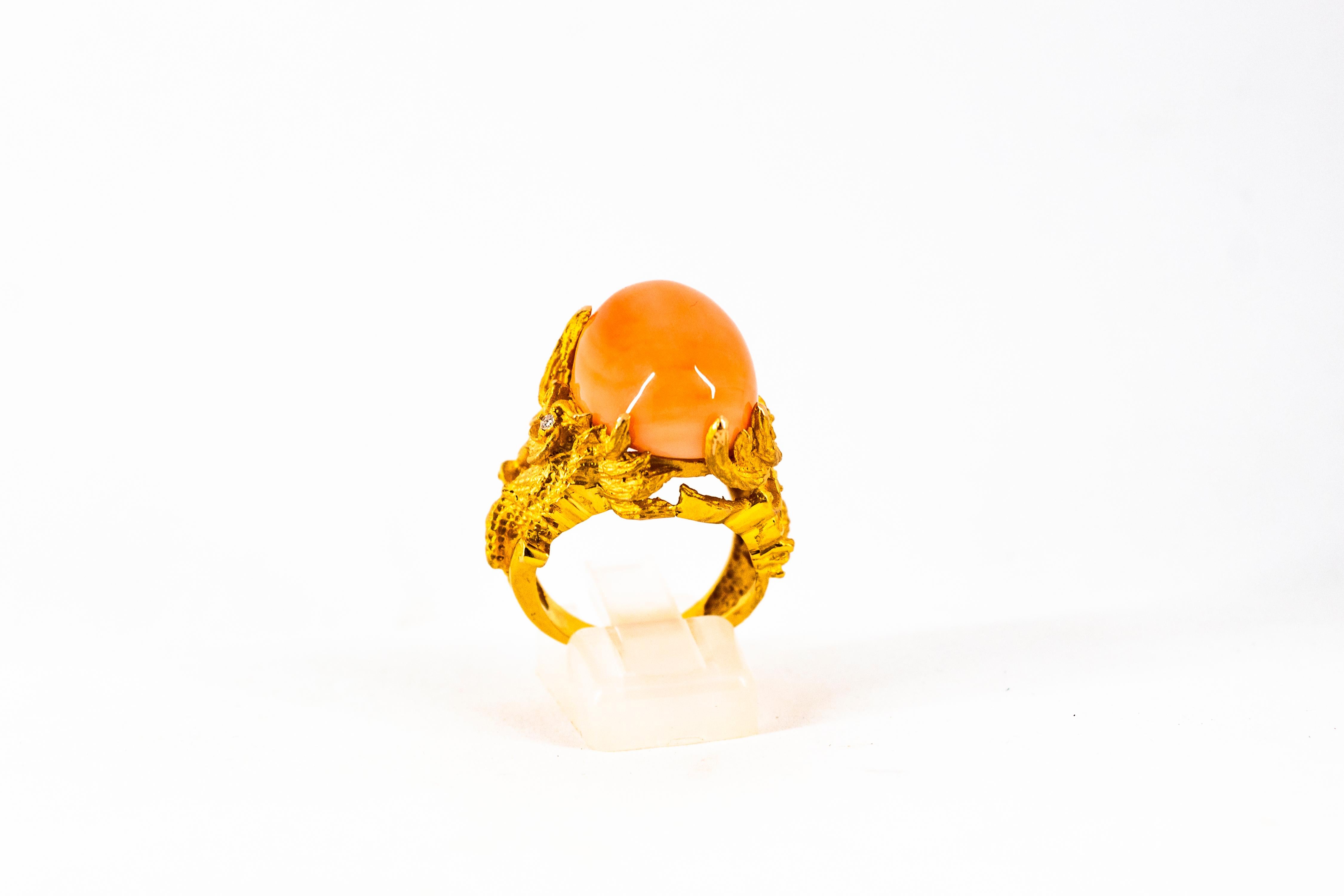 21.52 Carat Cabochon Pink Coral White Diamond Yellow Gold Dragons Cocktail Ring For Sale 3