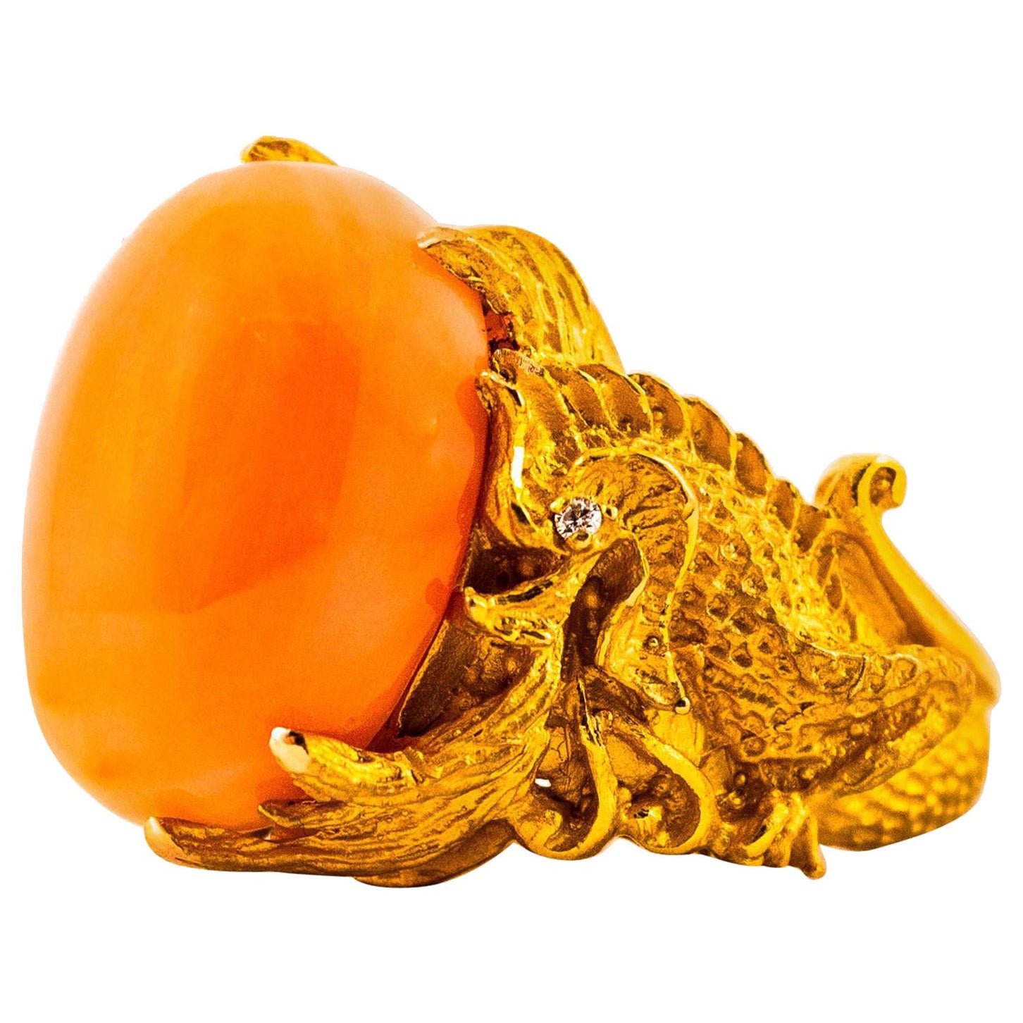 21.52 Carat Cabochon Pink Coral White Diamond Yellow Gold Dragons Cocktail Ring For Sale