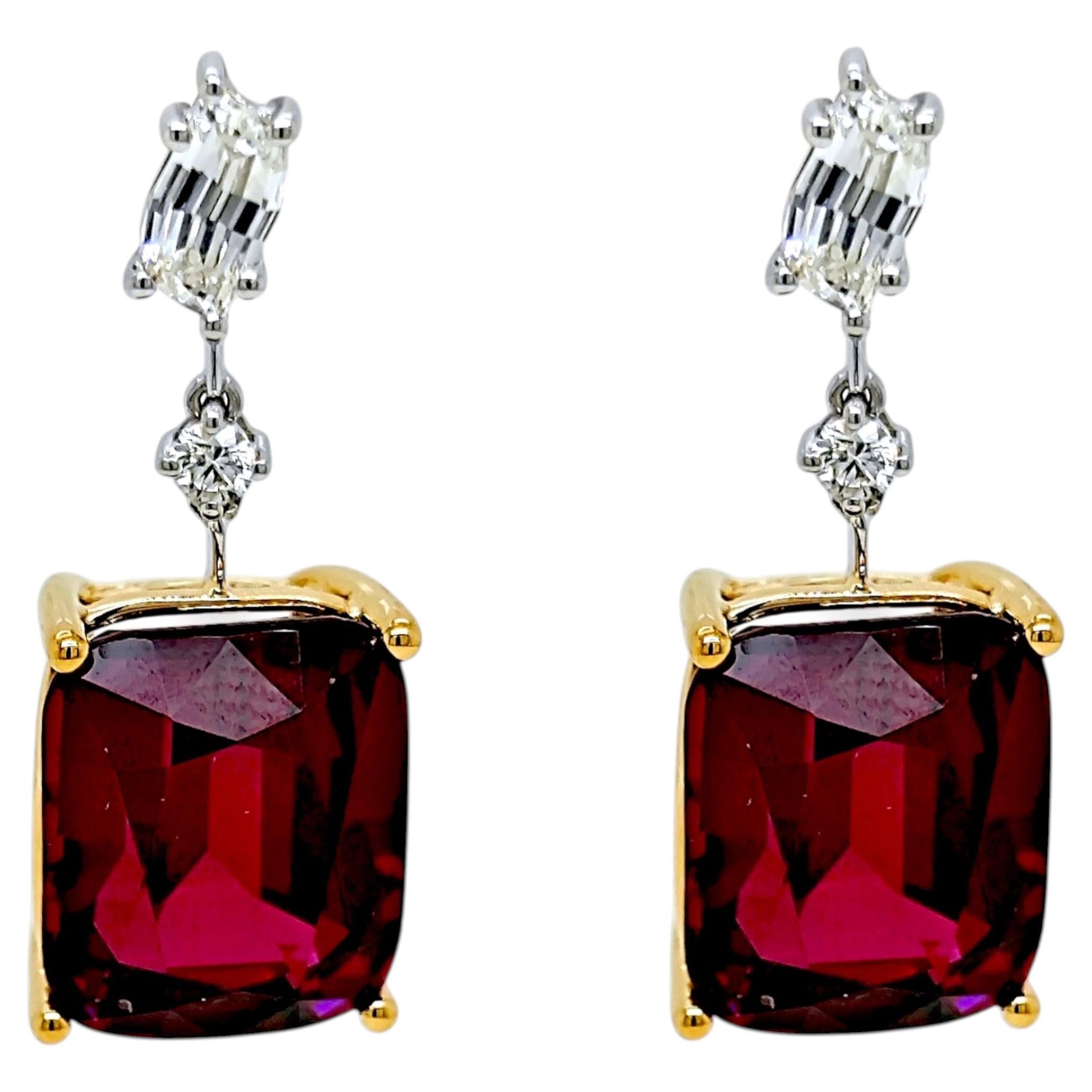 Pendientes de oro amarillo y blanco con granate fantasía y diamante redondo de 21,52 quilates en venta