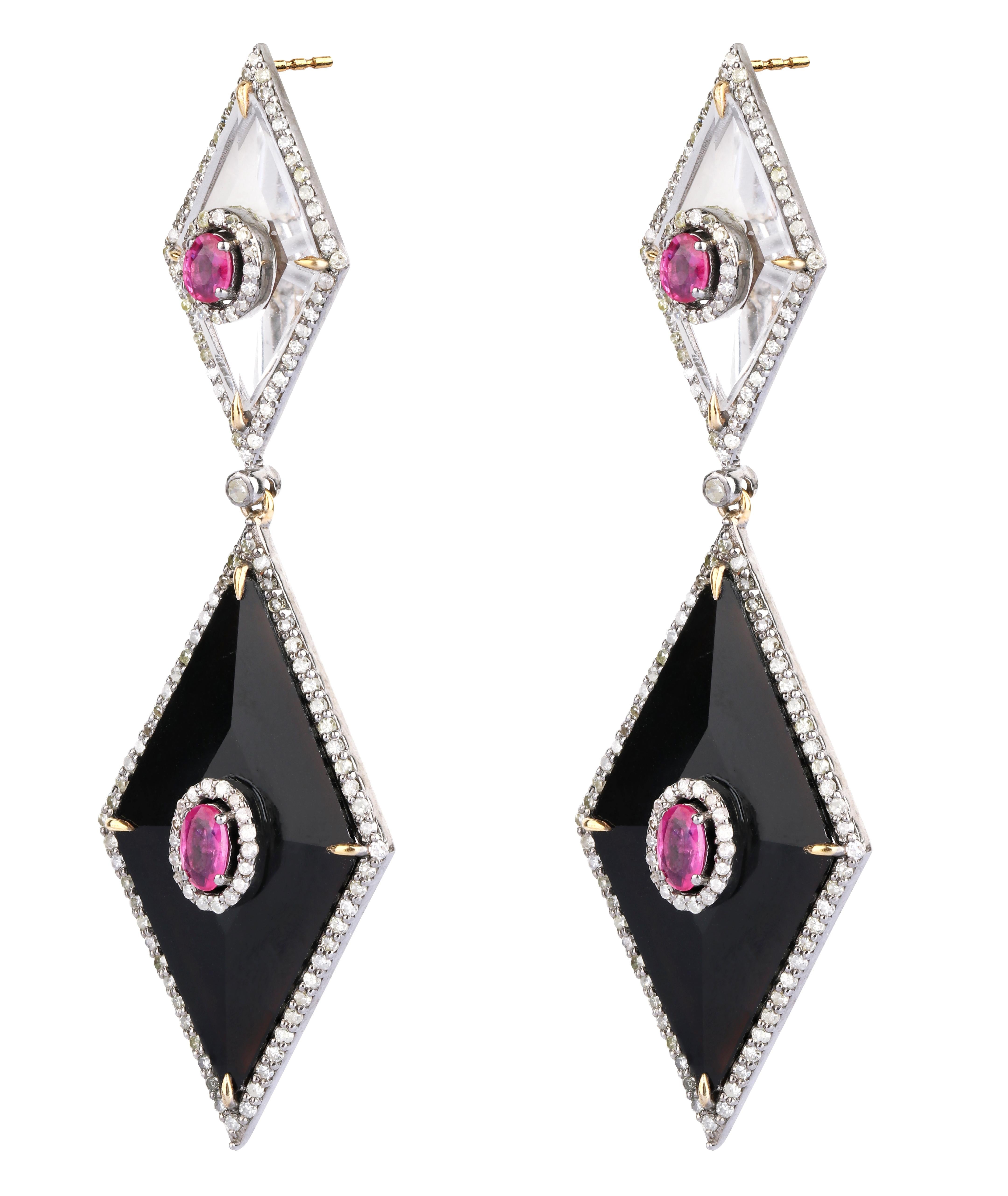 Oval Cut 21.52 Carat Ruby, Diamond, Onyx, and Crystal Dangle Earring in Modern Style For Sale