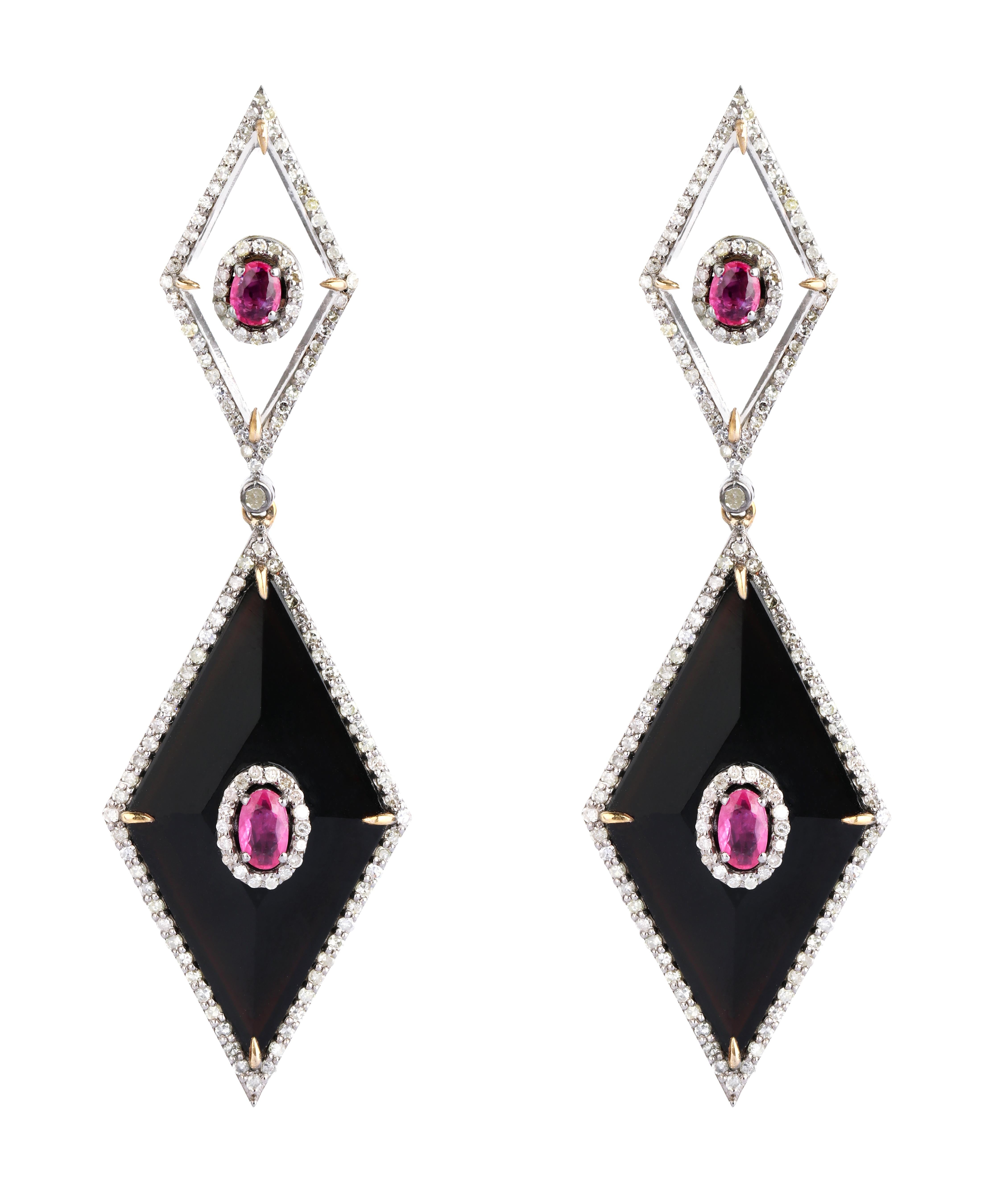 Women's 21.52 Carat Ruby, Diamond, Onyx, and Crystal Dangle Earring in Modern Style For Sale