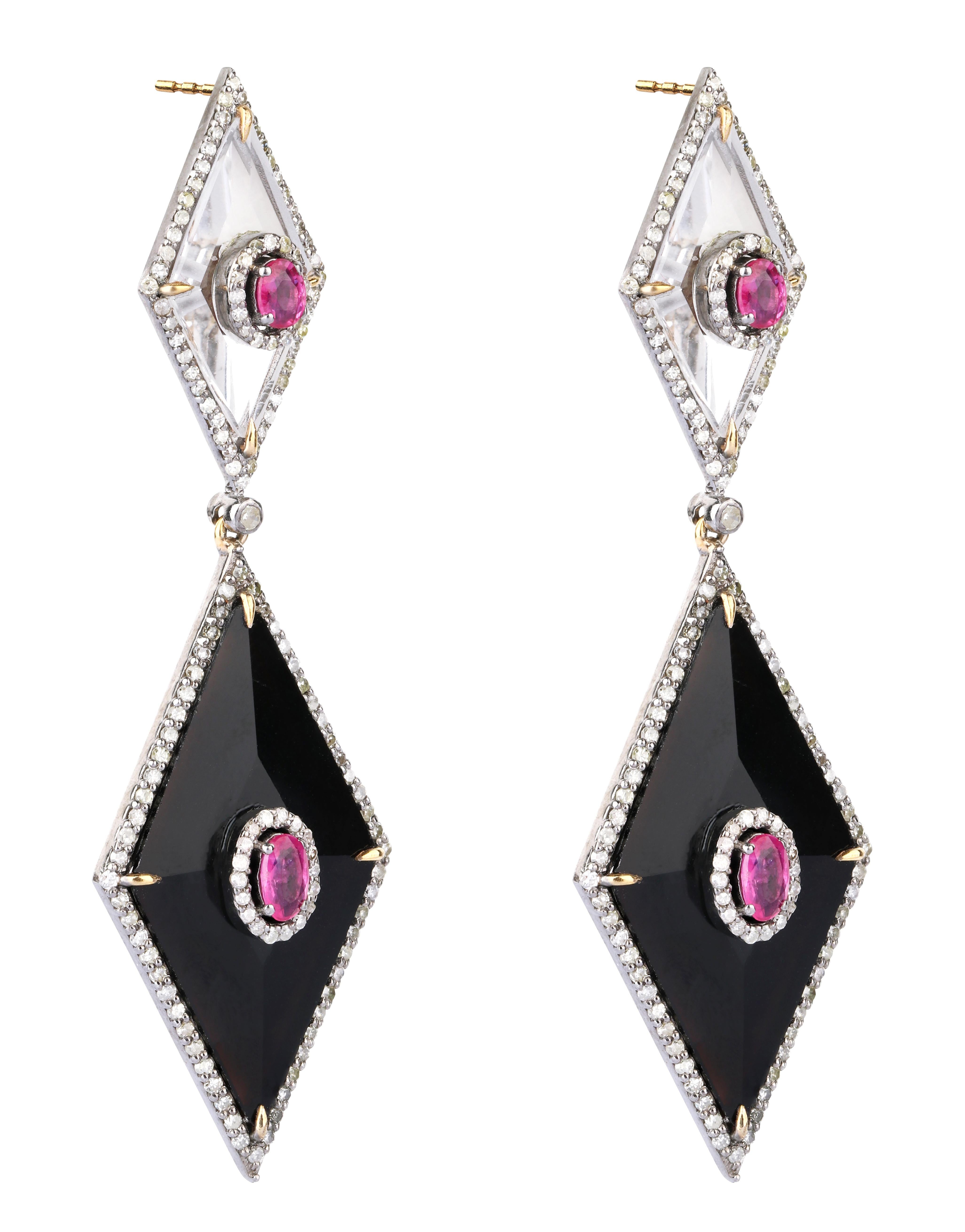 21.52 Carat Ruby, Diamond, Onyx, and Crystal Dangle Earring in Modern Style For Sale 1