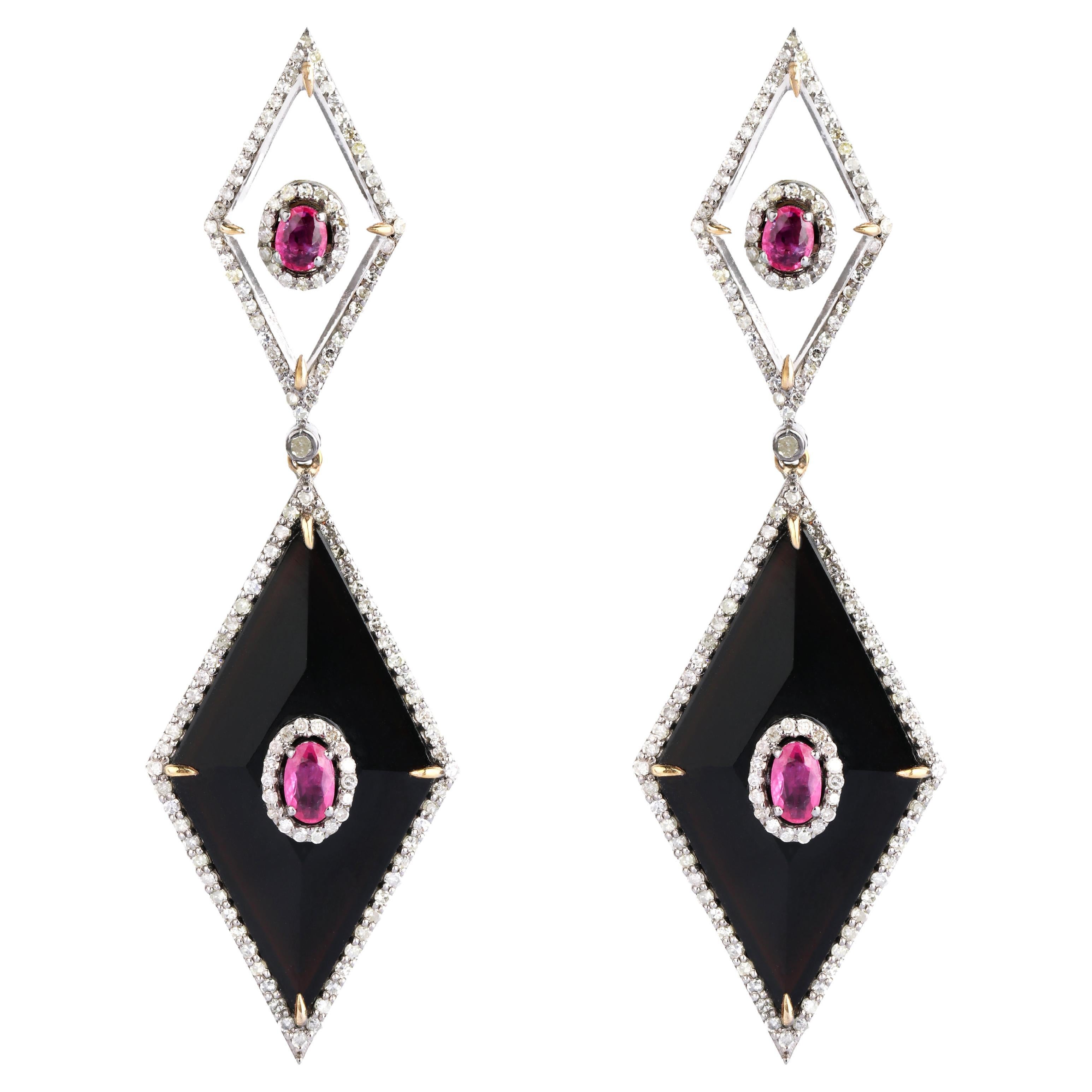 21.52 Carat Ruby, Diamond, Onyx, and Crystal Dangle Earring in Modern Style For Sale
