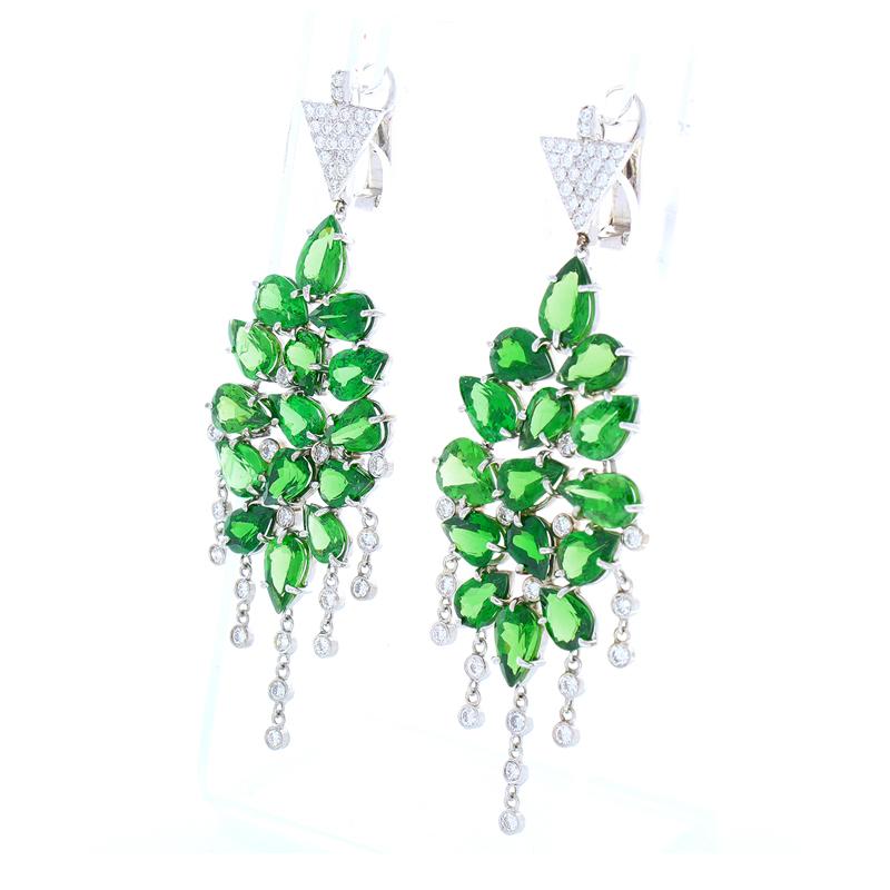 Contemporary 21.53 Carat Pear Shaped Tsavorite and Diamond Chandelier Earrings in White Gold For Sale