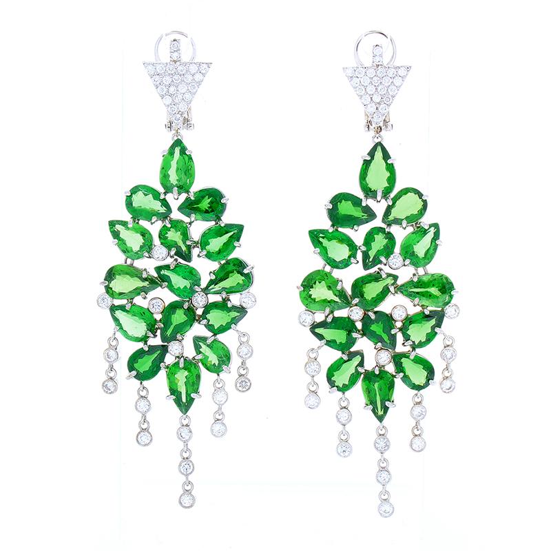 21.53 Carat Pear Shaped Tsavorite and Diamond Chandelier Earrings in White Gold In New Condition For Sale In Chicago, IL