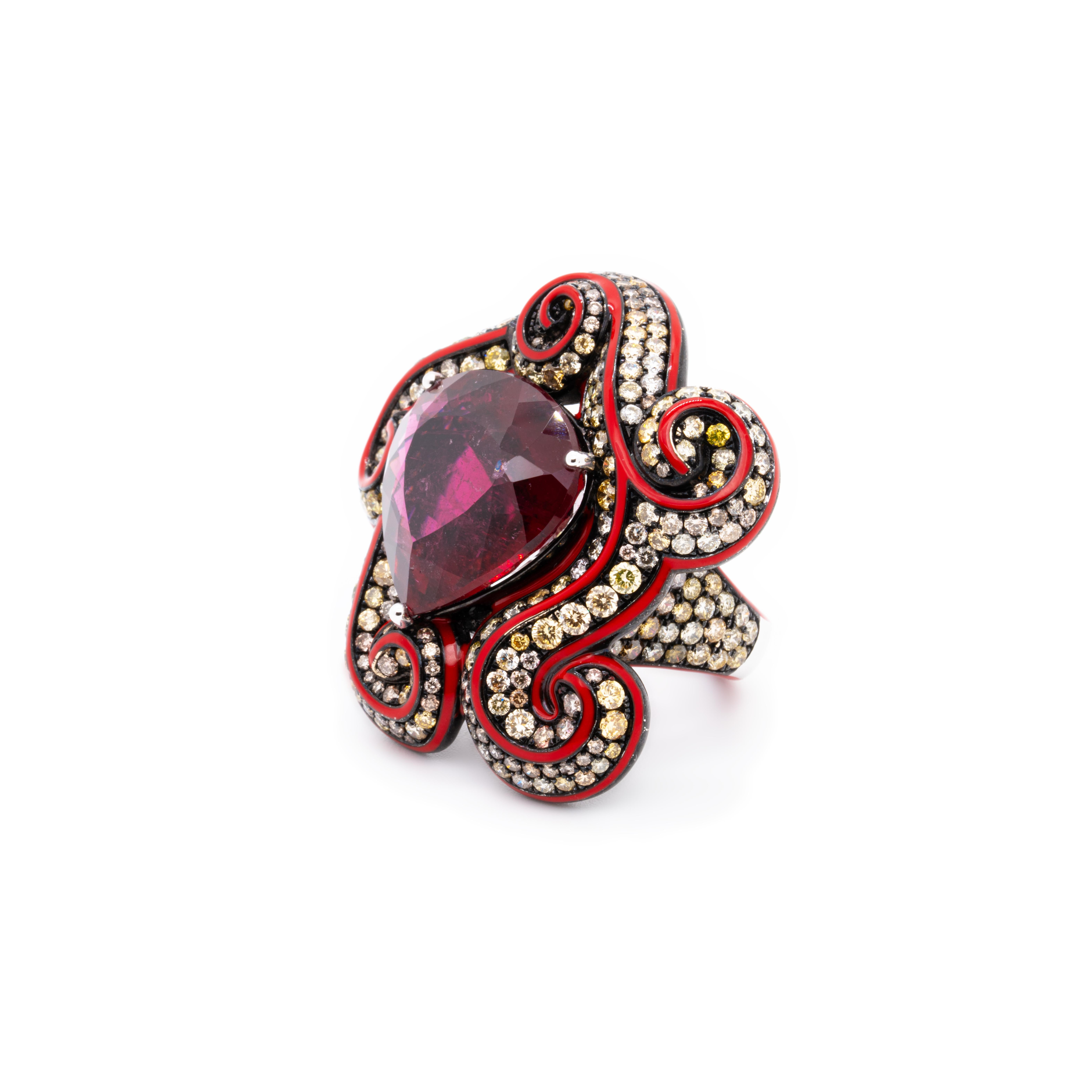 21.54 Karat Rubellit & Fancy Color Diamantring, 18K Weißgold, Austy Lee (Moderne) im Angebot