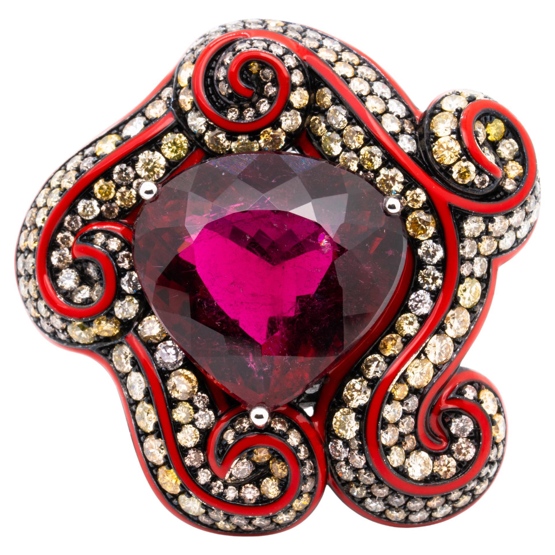 21.54 Carat Rubellite & Fancy Color Diamond Ring, 18K White Gold, Austy Lee
