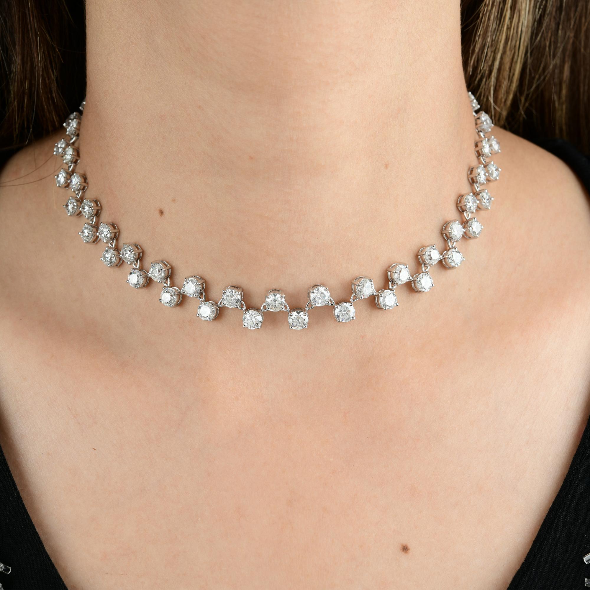 21.54 Carat SI Clarity HI Color Diamond Cluster Choker Necklace 14k White Gold 
This necklace features a luxurious and refined cluster tennis design. Each cluster resembles a sparkling floral formation, created by grouping multiple round-cut