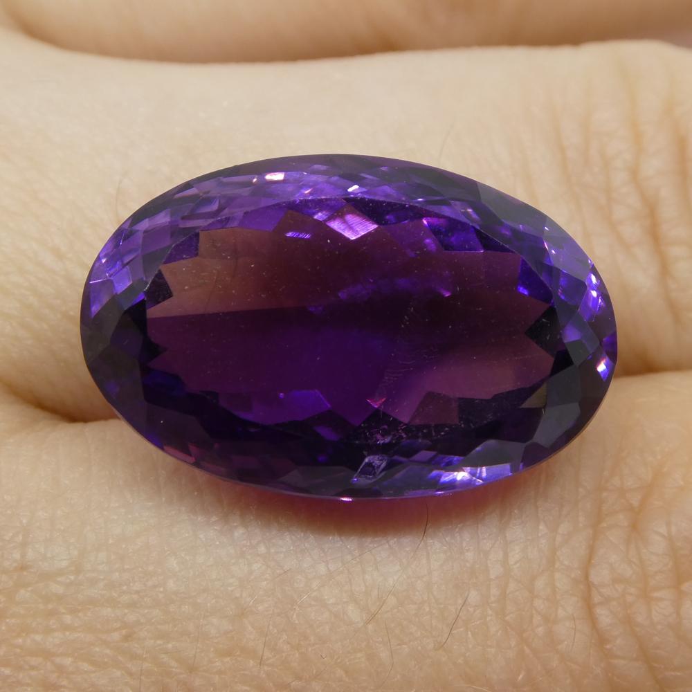 Description:

Gem Type: Amethyst
Number of Stones: 1
Weight: 21.55 cts
Measurements: 21.40x13.70x11 mm
Shape: Oval
Cutting Style Crown: Modified Brilliant
Cutting Style Pavilion: Modified Brilliant
Transparency: Transparent
Clarity: Very Slightly