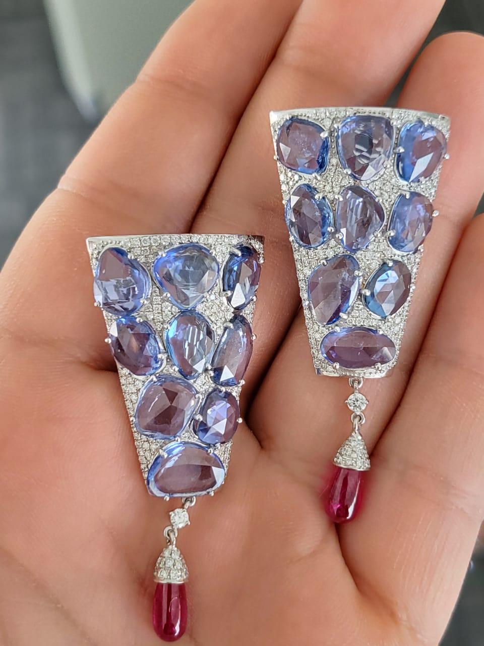 Modern 21.56 Carats Ceylon Blue Sapphire Rose Cuts, Ruby & Diamond Drop Dangle Earrings For Sale