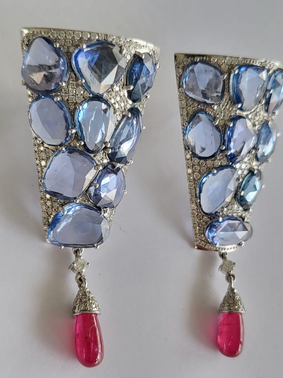 Women's or Men's 21.56 Carats Ceylon Blue Sapphire Rose Cuts, Ruby & Diamond Drop Dangle Earrings For Sale