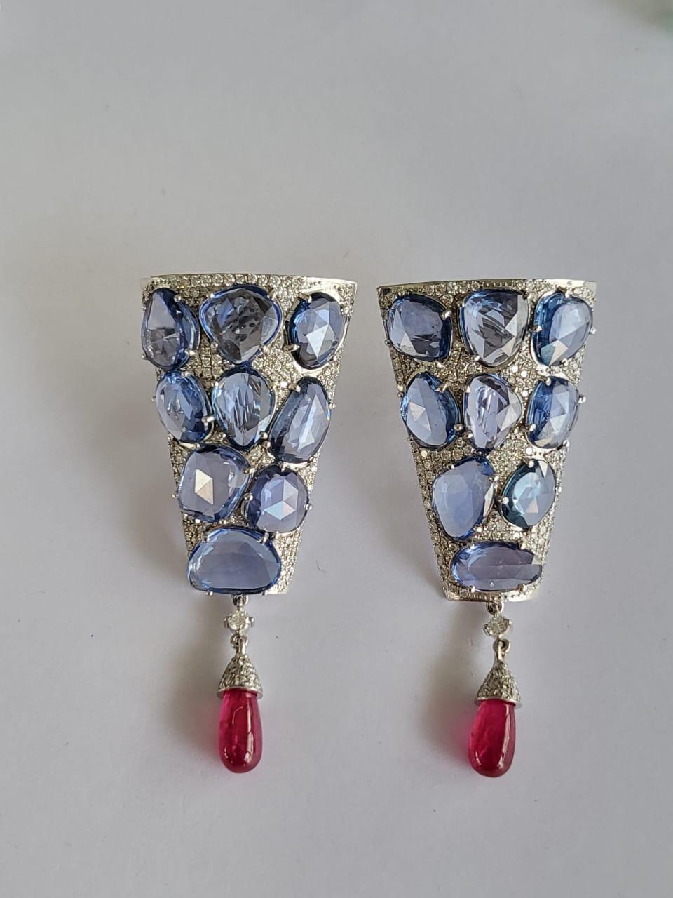21.56 Carats Ceylon Blue Sapphire Rose Cuts, Ruby & Diamond Drop Dangle Earrings For Sale 2