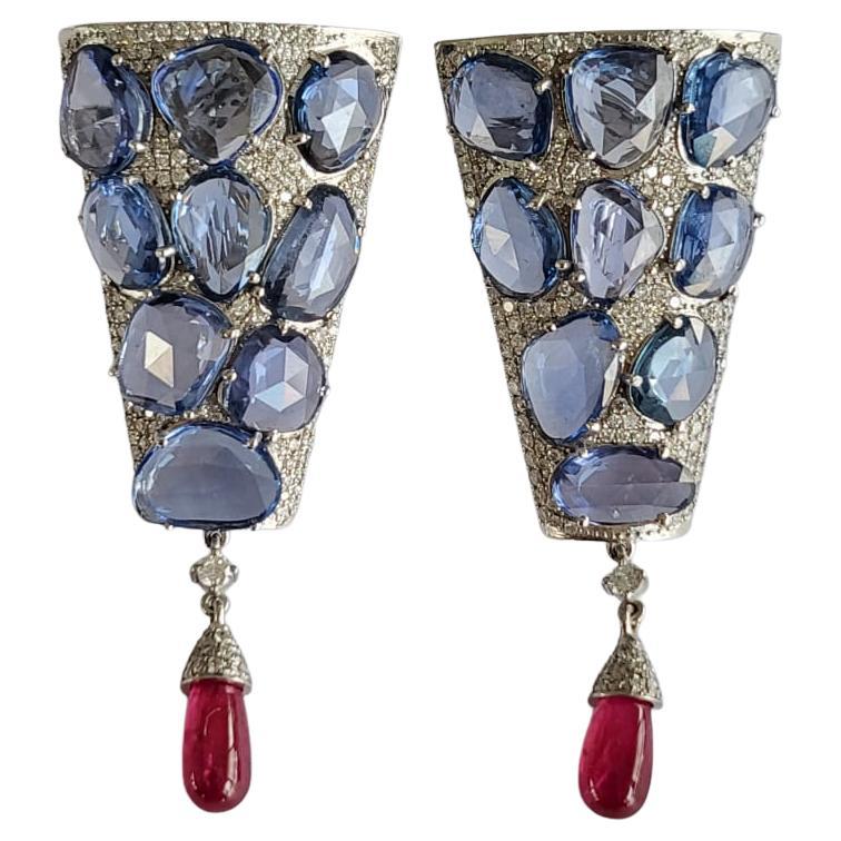 21.56 Carats Ceylon Blue Sapphire Rose Cuts, Ruby & Diamond Drop Dangle Earrings For Sale