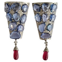 21.56 Carats Ceylon Blue Sapphire Rose Cuts, Ruby & Diamond Drop Dangle Earrings