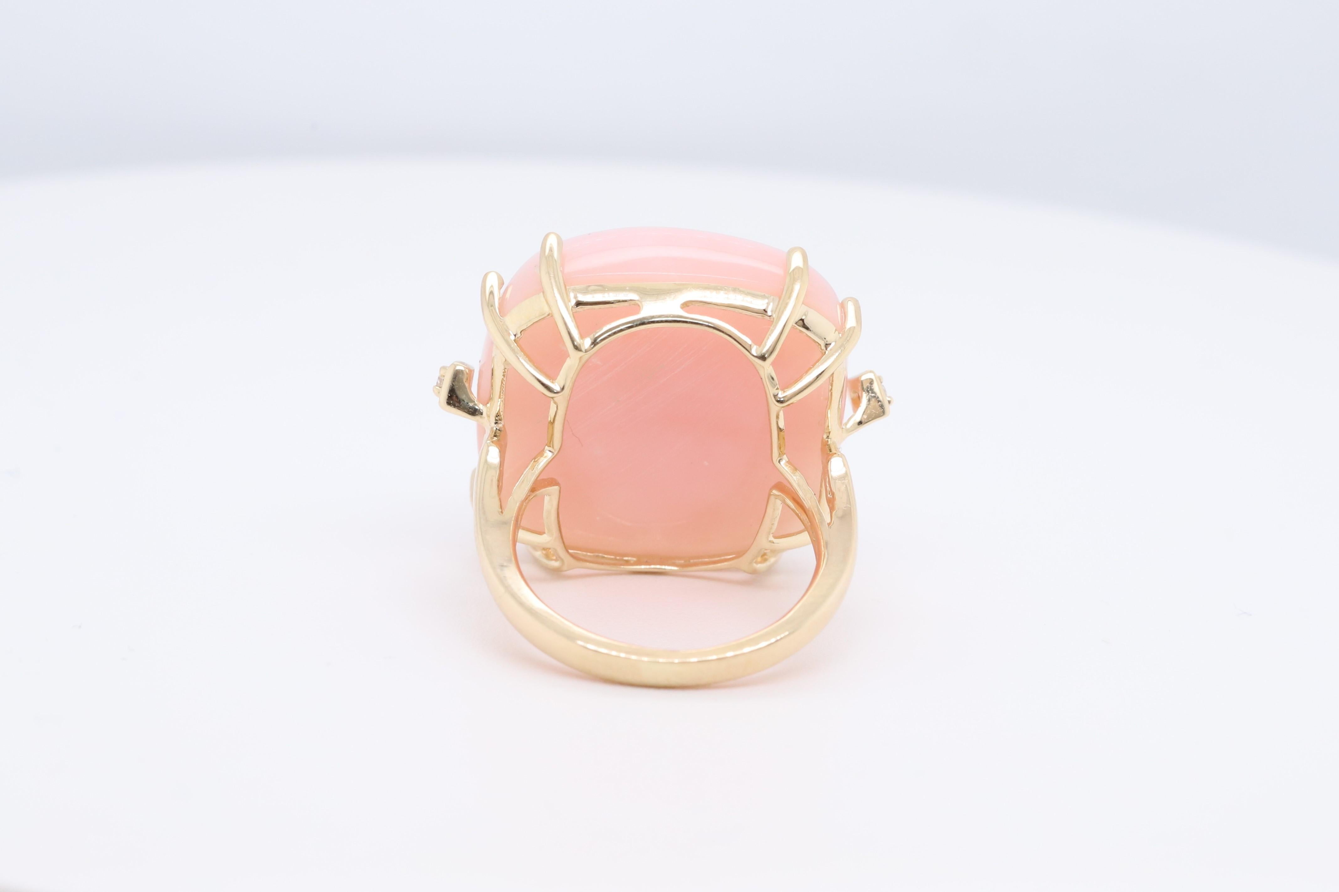 Art Deco 21.57 Carat Cushion Cab Pink Opal Diamond Accents 14K Yellow Gold Ring For Sale