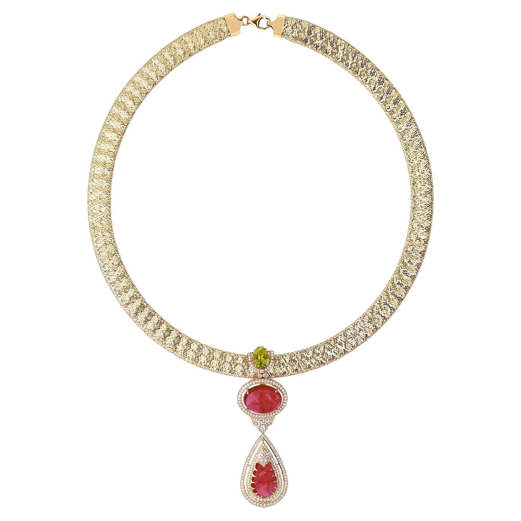 Collana con girocollo in oro giallo 18k con tormalina 21,57ct e diamanti 1,43ct SI/H