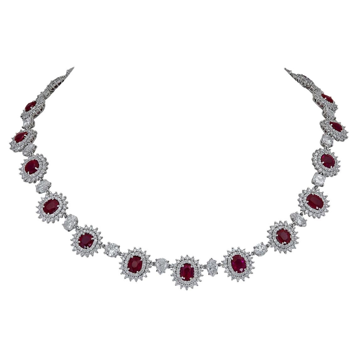 21.58 Carat Ruby and 30.98 Carat Diamond Halo Flower Necklace