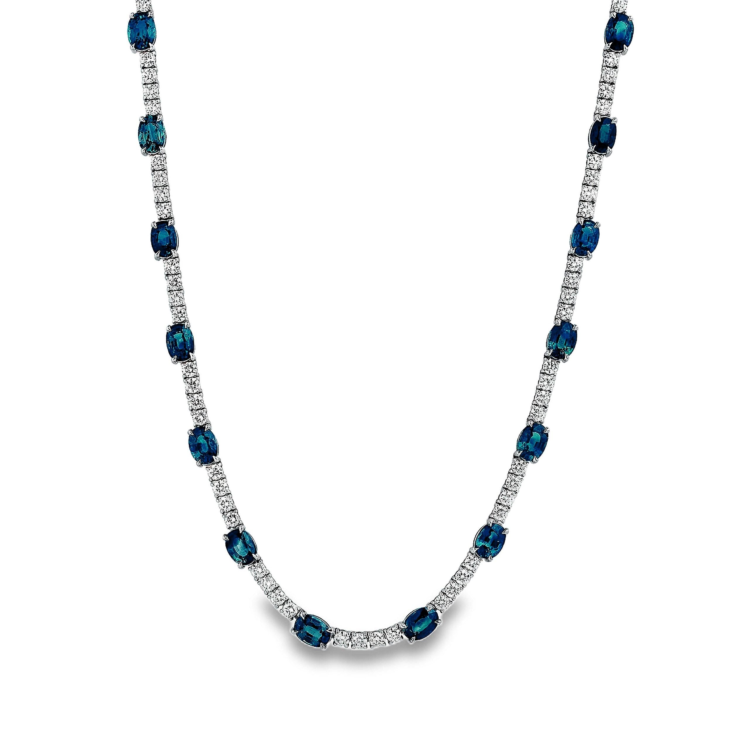 Collar Tenis de Zafiro Azul Teal y Diamantes de Oro Blanco de 21,59 Quilates Contemporáneo en venta