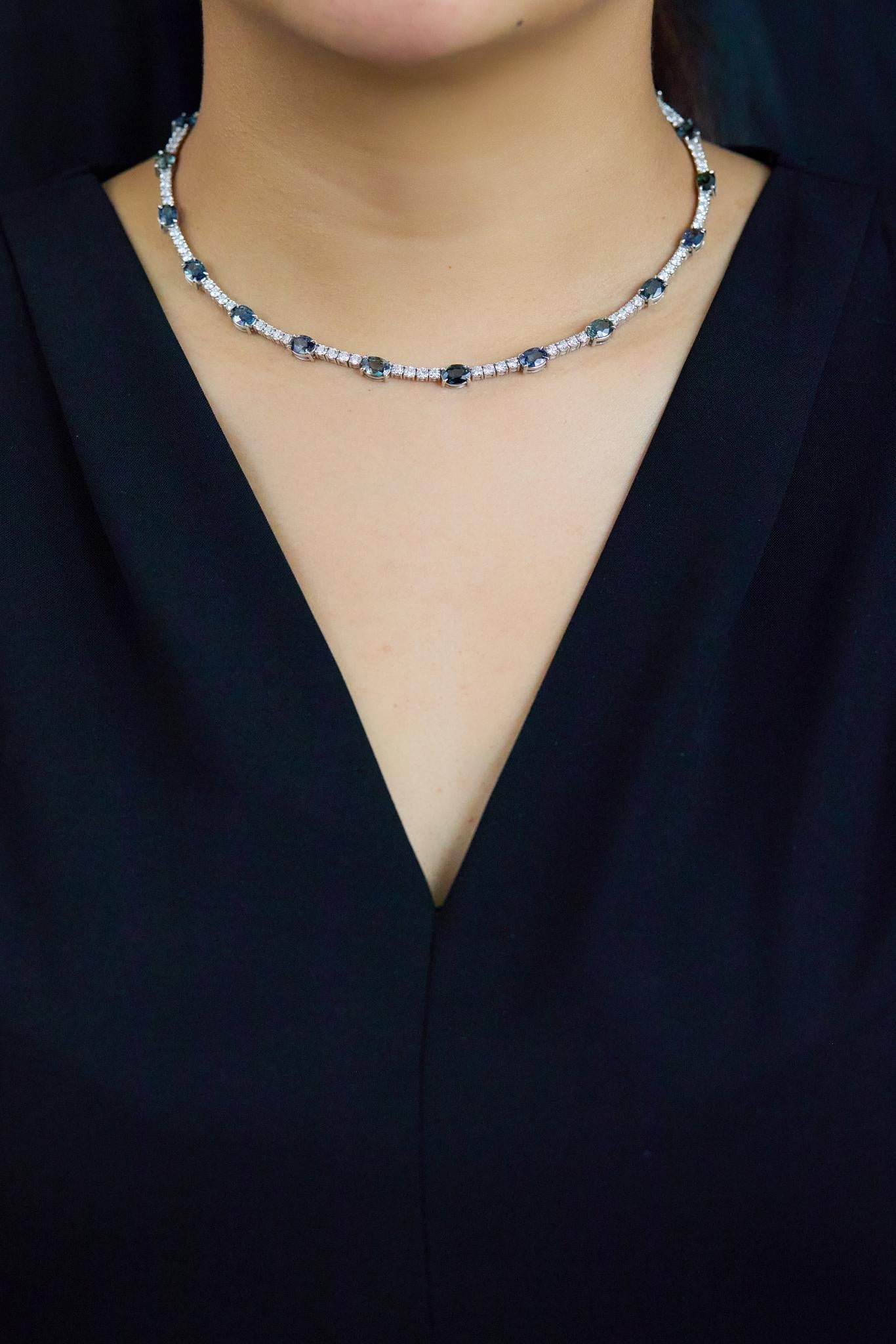 De las mujeres Collar Tenis de Zafiro Azul Teal y Diamantes de Oro Blanco de 21,59 Quilates en venta