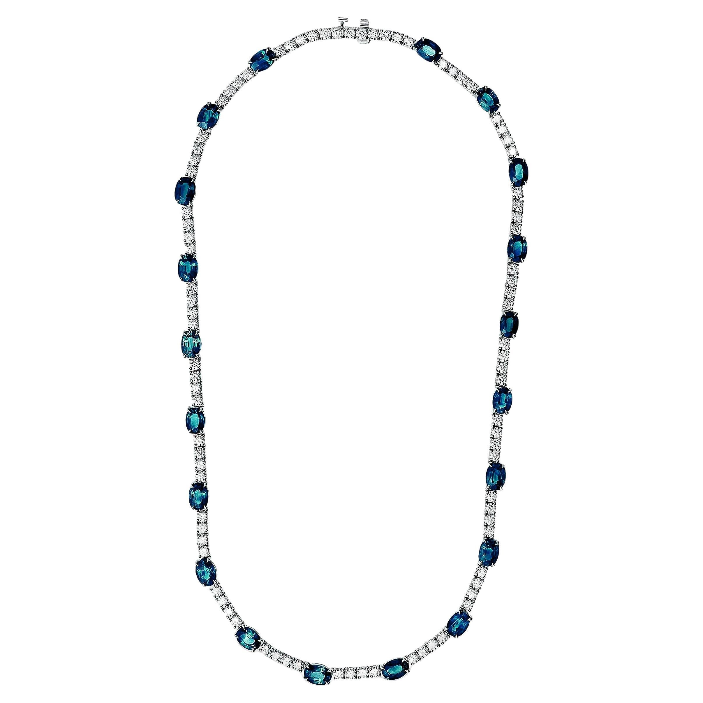 21.59 Carat Teal Sapphire and Diamond Tennis Necklace in White Gold