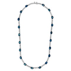 21.59 Carat Teal Sapphire and Diamond Tennis Necklace in White Gold