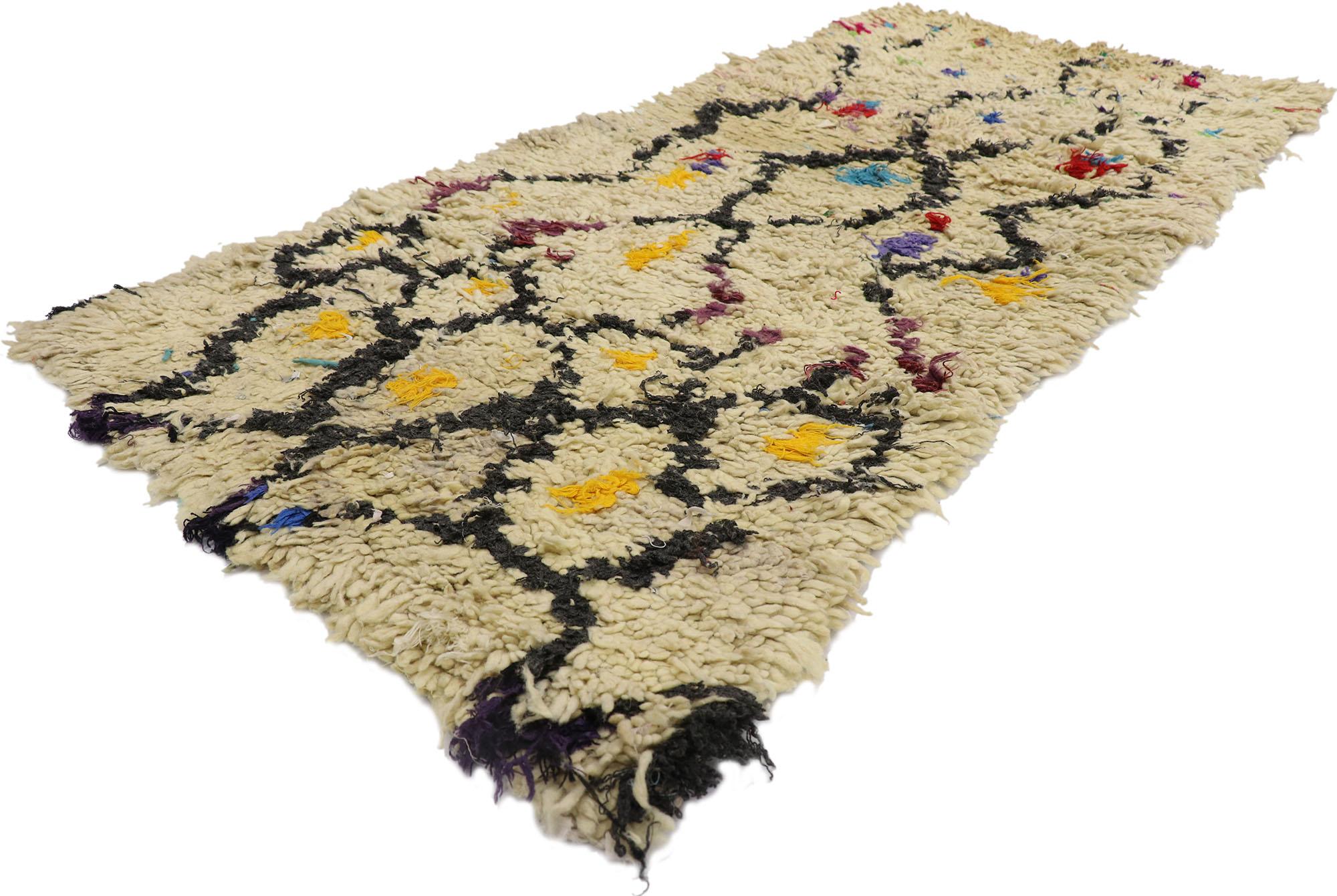 21594 vintage Berber Boucherouite Moroccan rug with Boho Chic Tribal style 02'08 x 05'08. Showcasing a bold expressive design, incredible detail and texture, this hand knotted cotton and wool vintage Berber Boucherouite Moroccan rug is a captivating