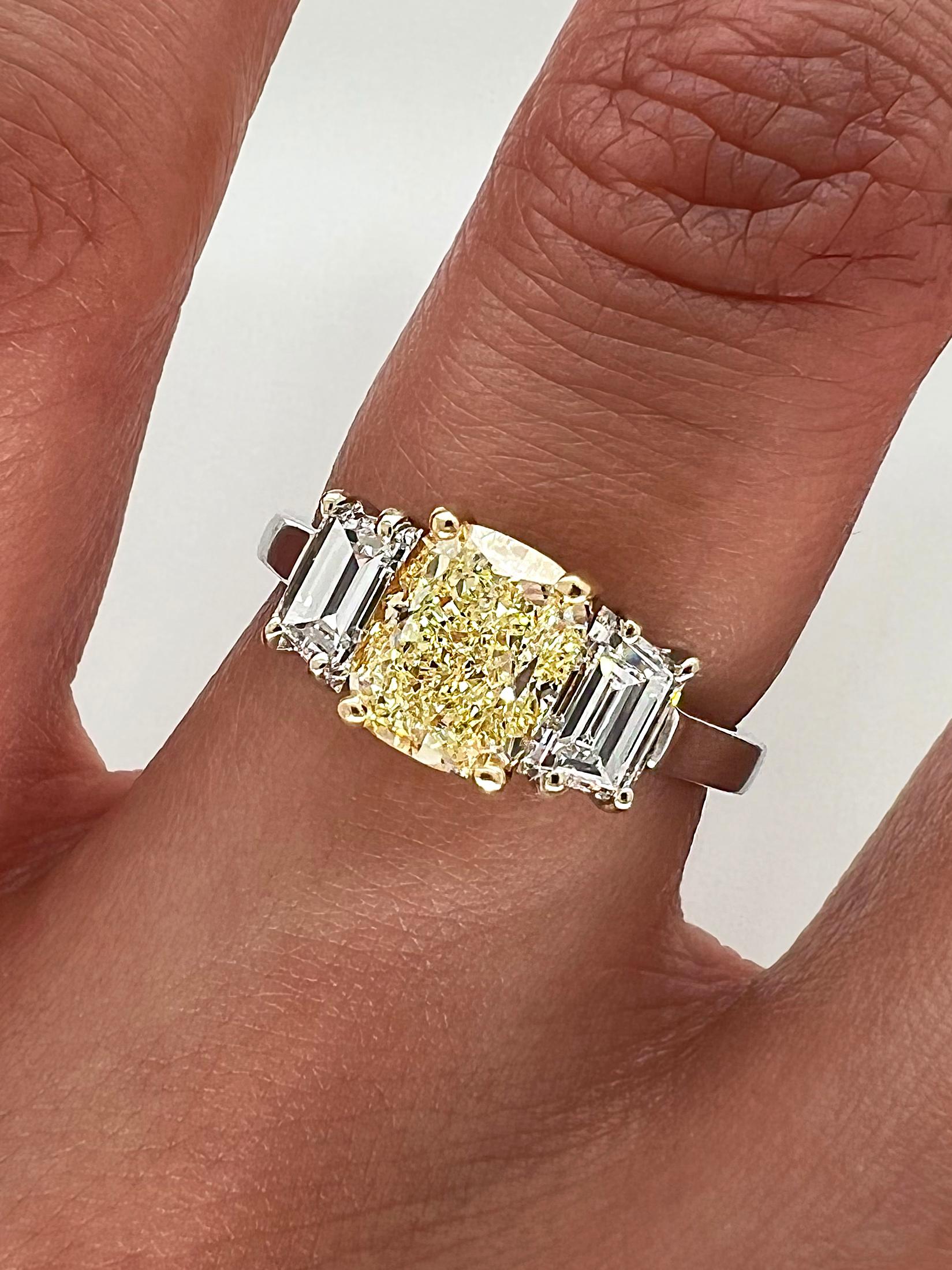 Women's or Men's 2.15 Total Carat Yellow Diamond Three Stone Ladies Ring GIA For Sale