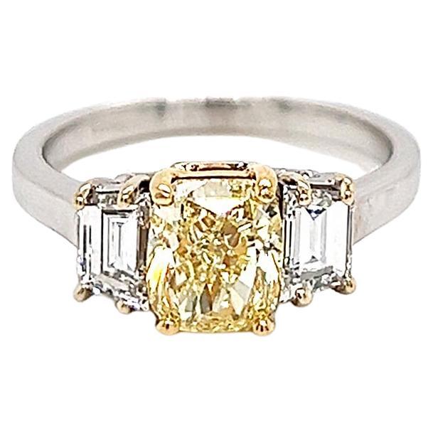 2.15 Total Carat Yellow Diamond Three Stone Ladies Ring GIA For Sale