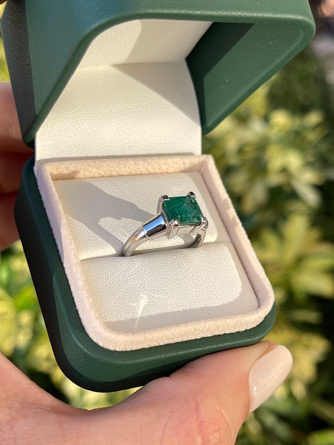 Modern 2.15ct 14K Natural Lush Bluish-Green Asscher Cut Emerald Solitaire 4 Prong Ring  For Sale