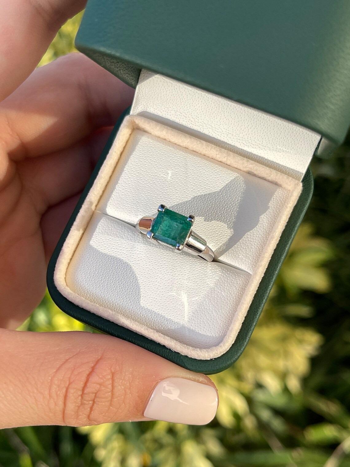 Women's 2.15ct 14K Natural Lush Bluish-Green Asscher Cut Emerald Solitaire 4 Prong Ring  For Sale
