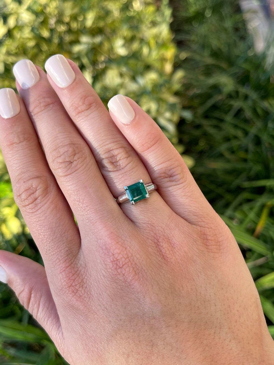 2.15ct 14K Natural Lush Bluish-Green Asscher Cut Emerald Solitaire 4 Prong Ring  For Sale 3