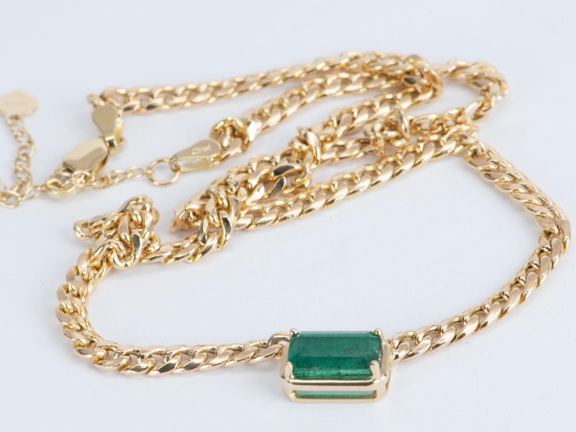 Emerald Cut 2.15ct Emerald East West Set on Miami Cuban Chain Choker Necklace 14K Gold R4475