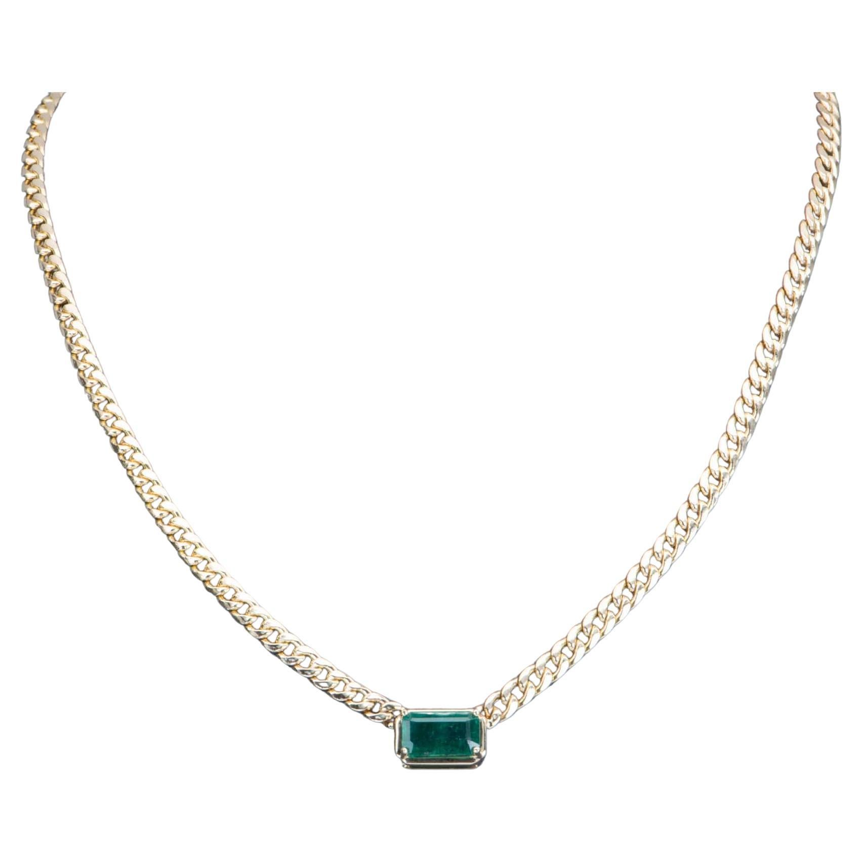 2.15ct Emerald East West Set on Miami Cuban Chain Choker Necklace 14K Gold R4475