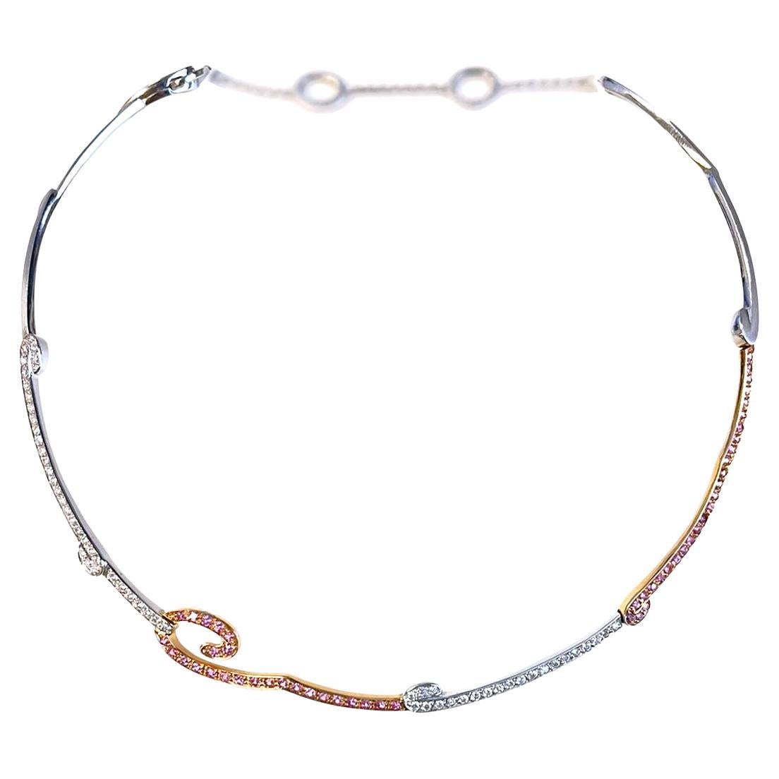 Italienische Halskette aus 18 Karat Weiß- und Roségold mit 2,15 Karat natürlichen Diamanten und rosa Saphiren