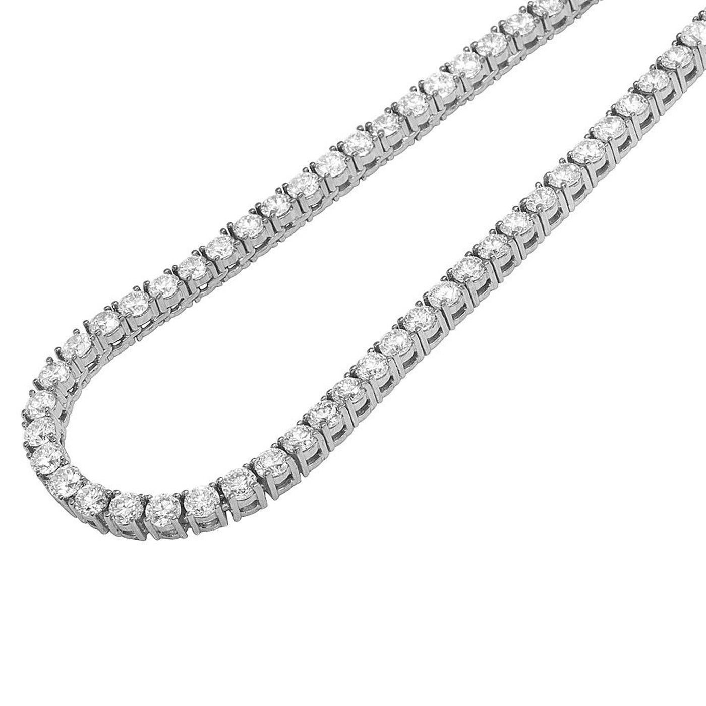 14K White Gold Diamond Tennis Necklace, Features 21.5Ct of Round Diamonds. Beautiful Diamond Tennis Necklace. A staple in your jewelry collection. Made in 14k white gold. This tennis necklace showcases a delicate 4 prongs in line chain embellished