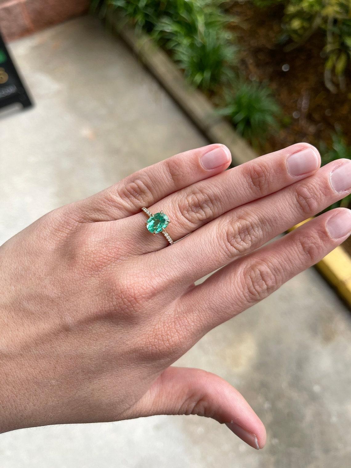 Modern 2.15tcw 14K Colombian Emerald-Oval Cut & Diamond Band Engagement Ring For Sale