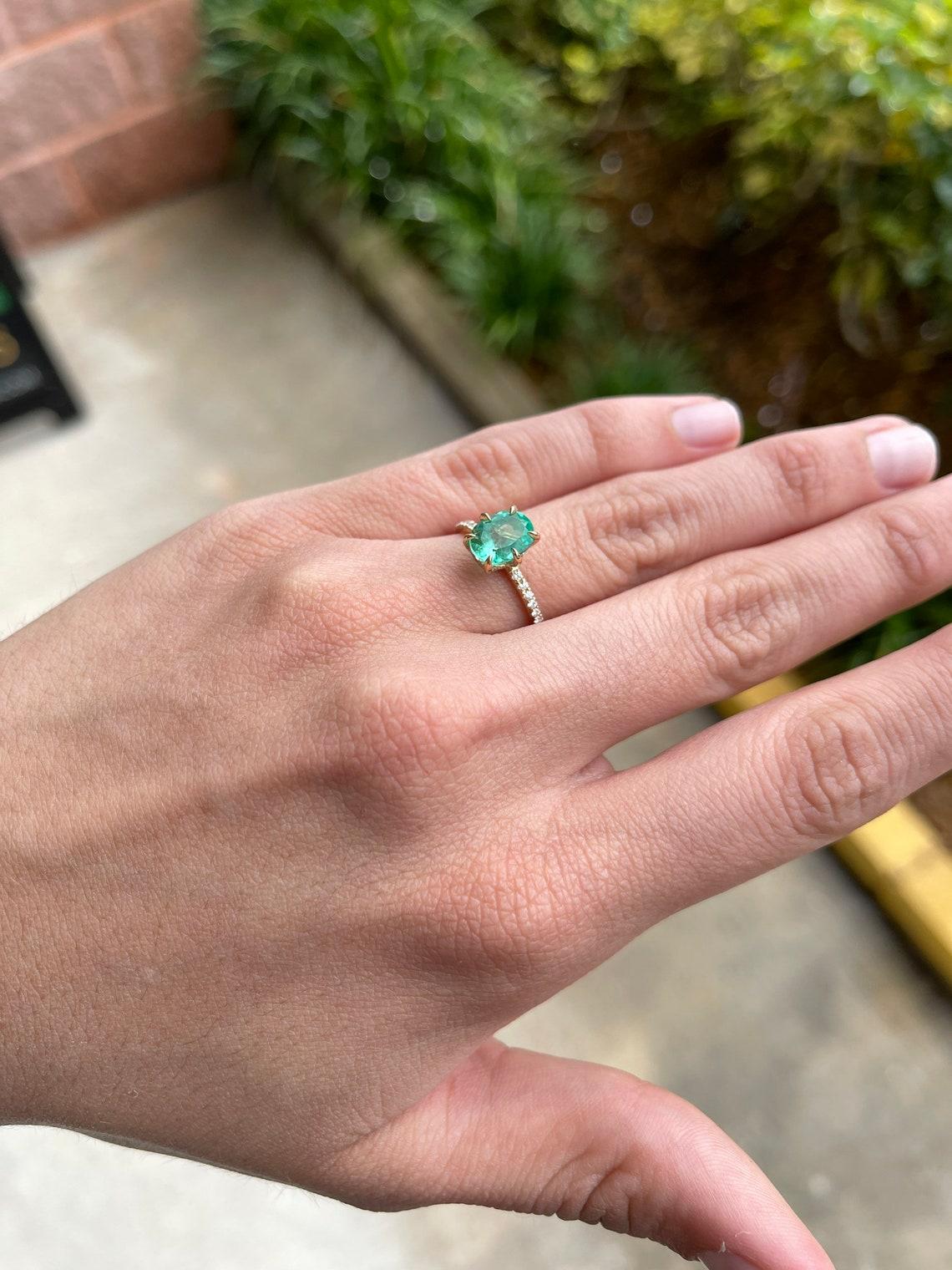 2.15tcw 14K Colombian Emerald-Oval Cut & Diamond Band Engagement Ring For Sale 1