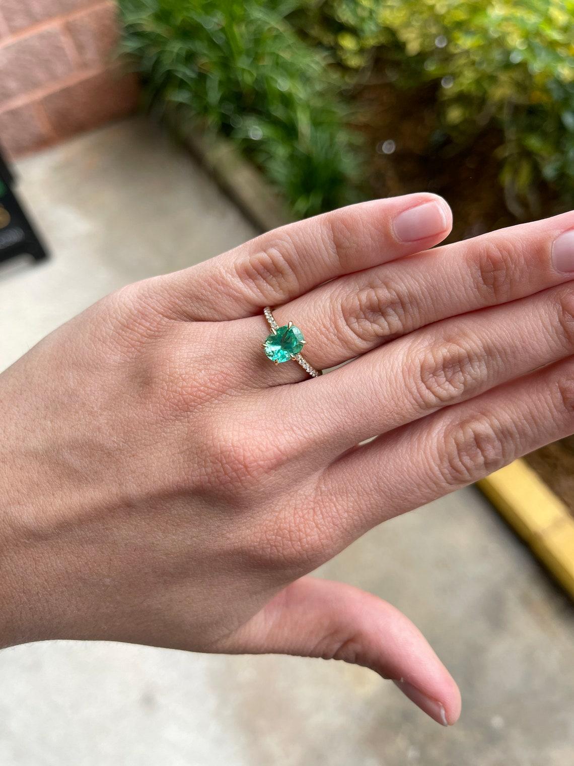 2.15tcw 14K Colombian Emerald-Oval Cut & Diamond Band Engagement Ring For Sale 2