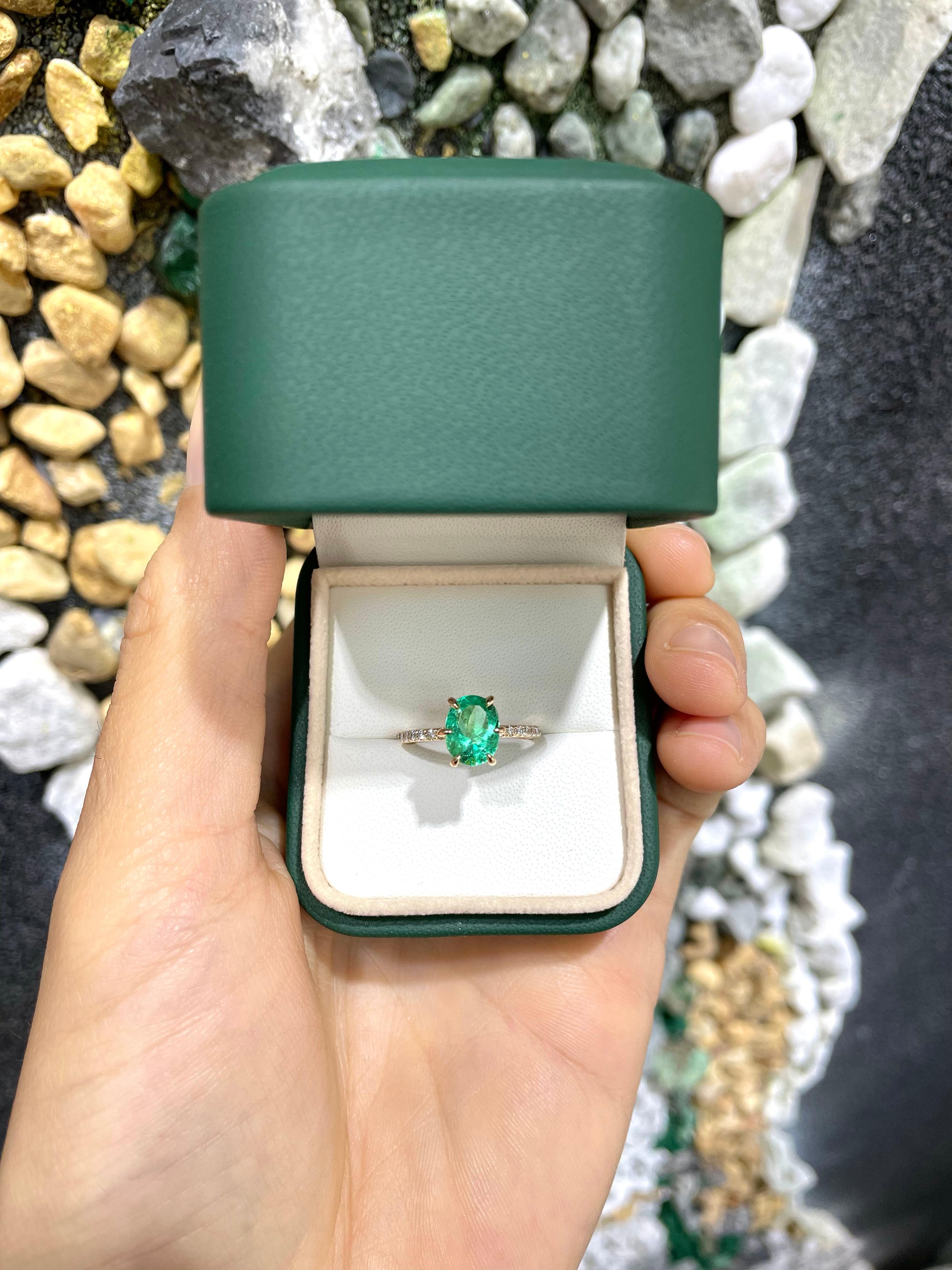 2.15tcw 14K Colombian Emerald-Oval Cut & Diamond Band Engagement Ring For Sale 3
