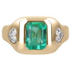 2.15tcw 14K Three Stone Emerald & Heart Diamond Gypsy Gold Ring