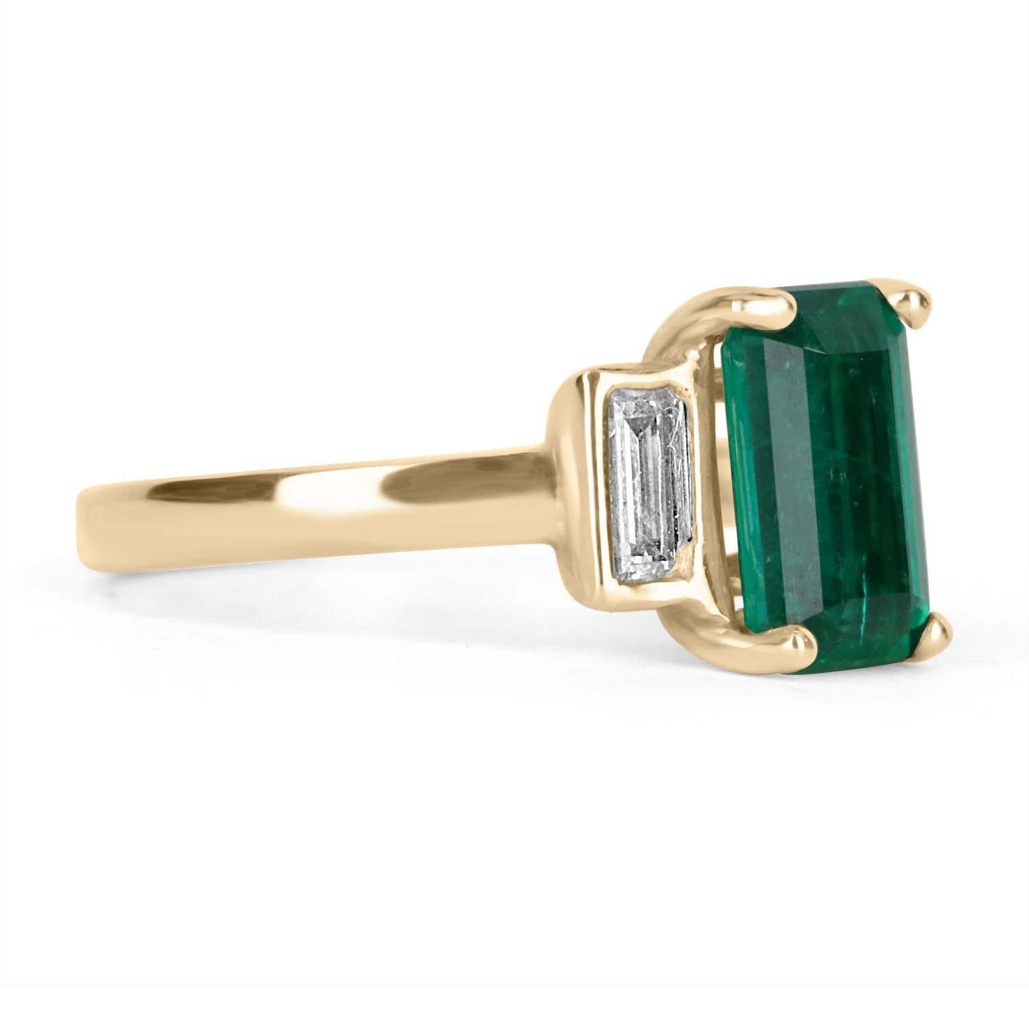 Shower her with love with this Colombian emerald and diamond three stone ring. An extraordinary custom-created ring. Designed and created by our own master jeweler, 
