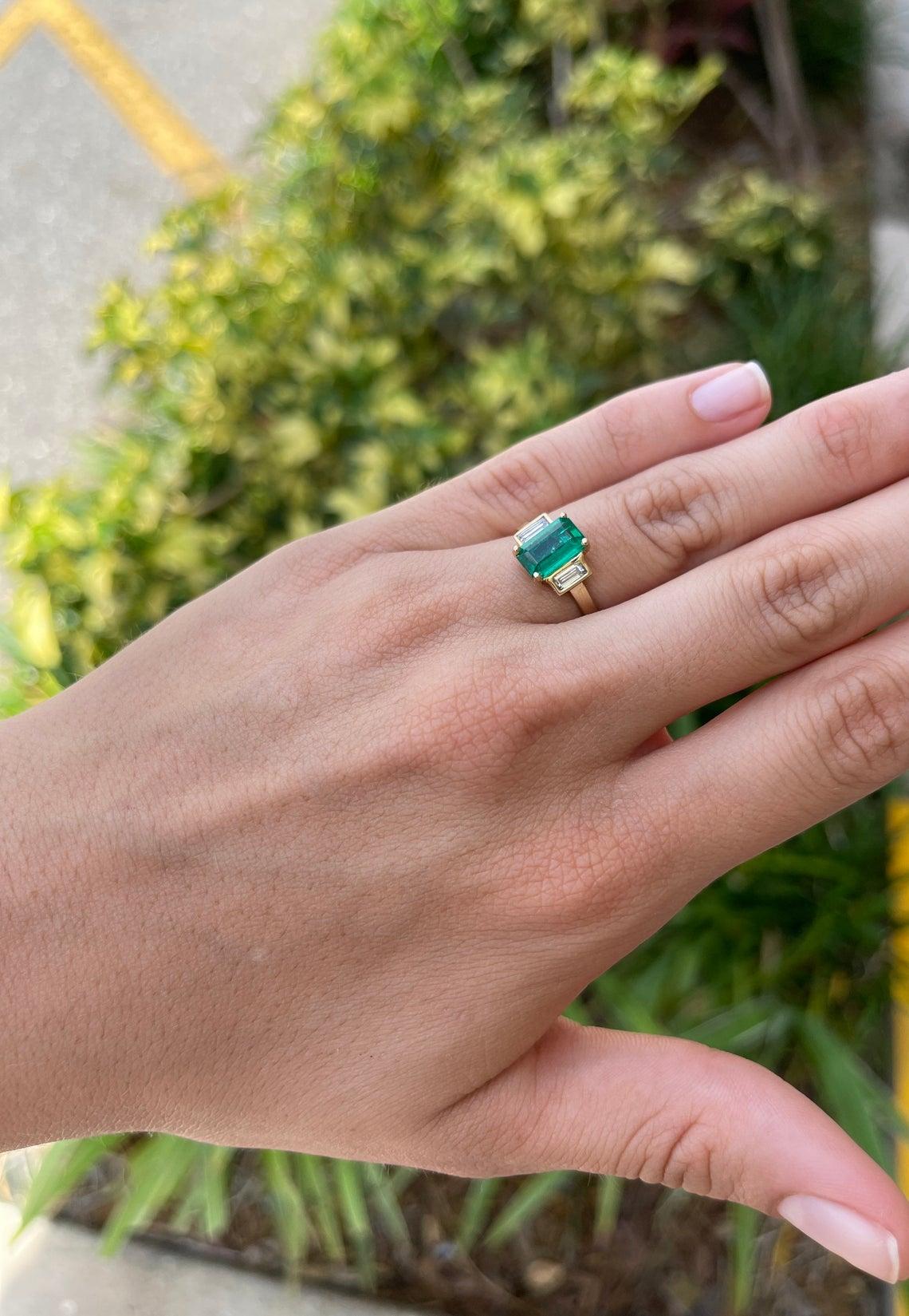 Women's 2.15tcw 18K Three Stone Emerald Cut Emerald & Diamond Ring For Sale
