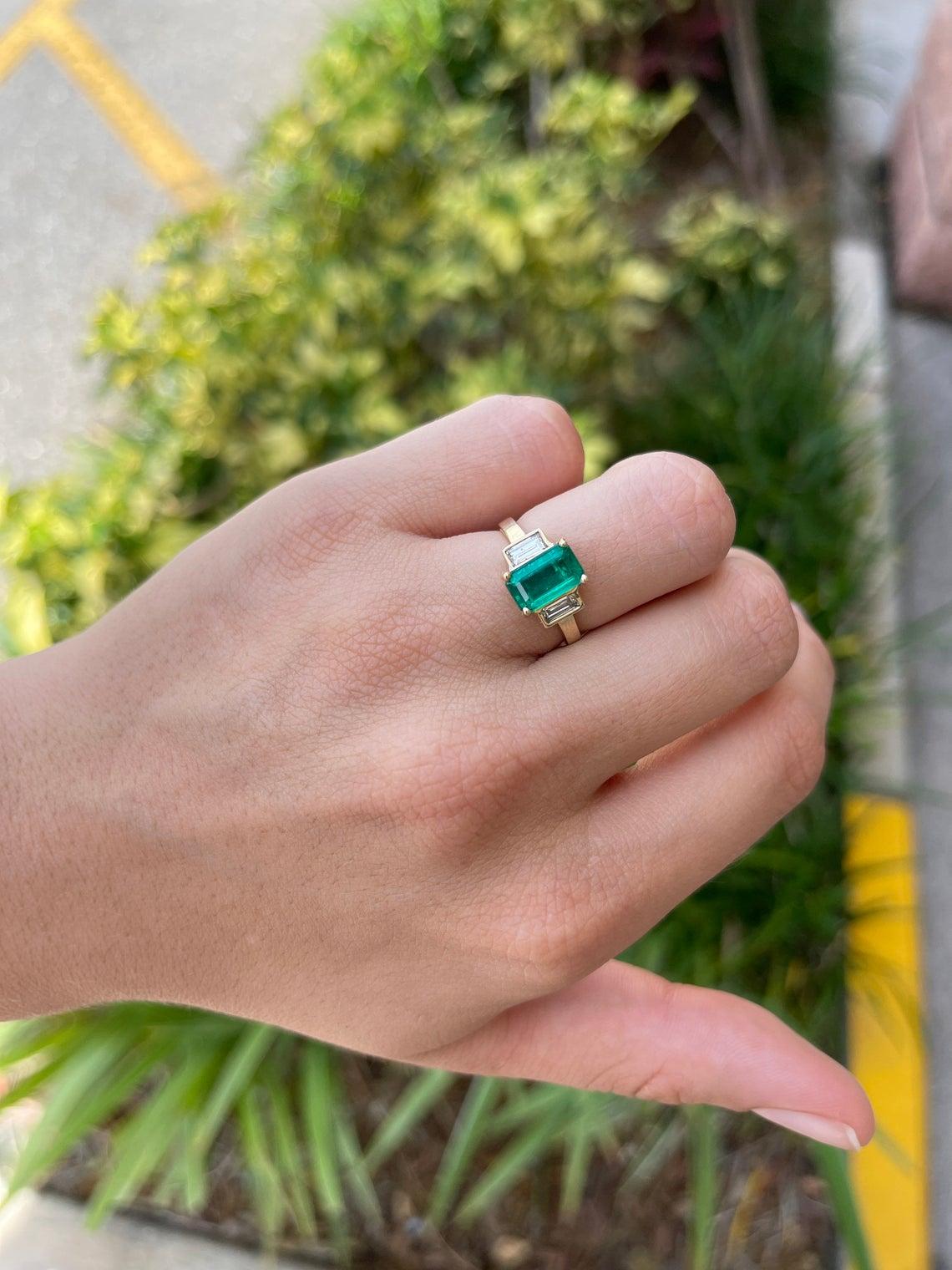 2.15tcw 18K Three Stone Emerald Cut Emerald & Diamond Ring For Sale 1