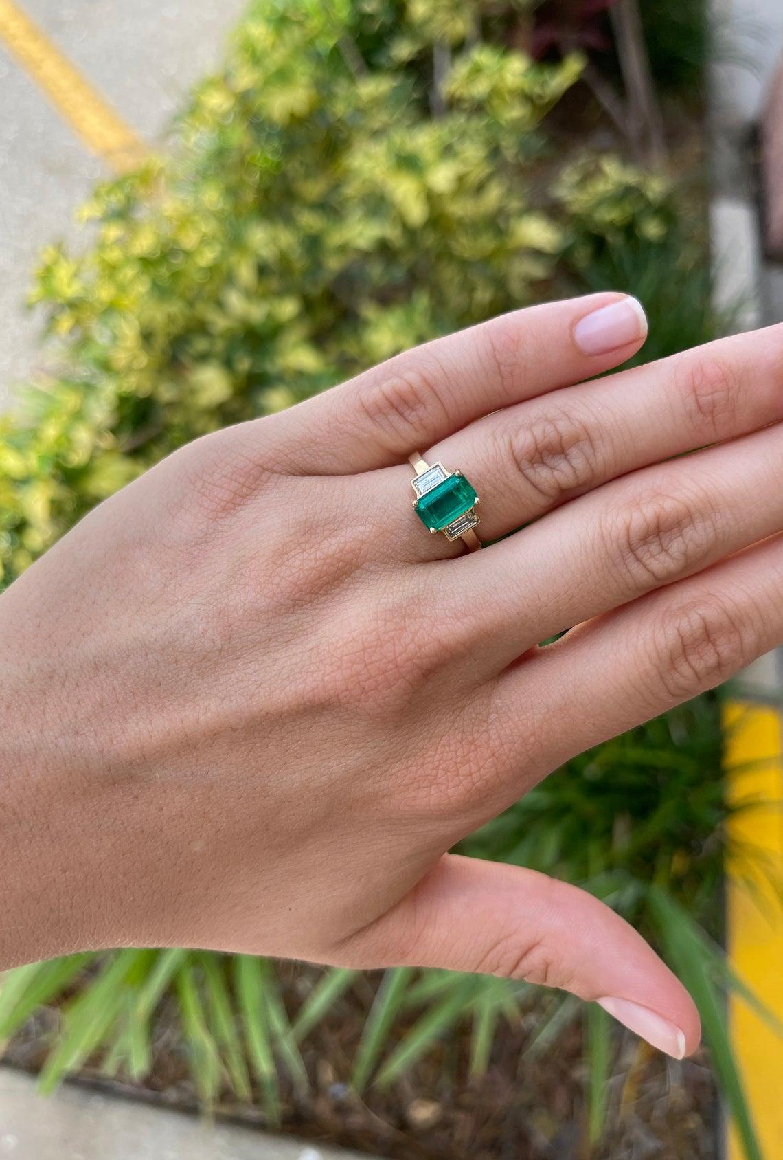 2.15tcw 18K Three Stone Emerald Cut Emerald & Diamond Ring For Sale 2